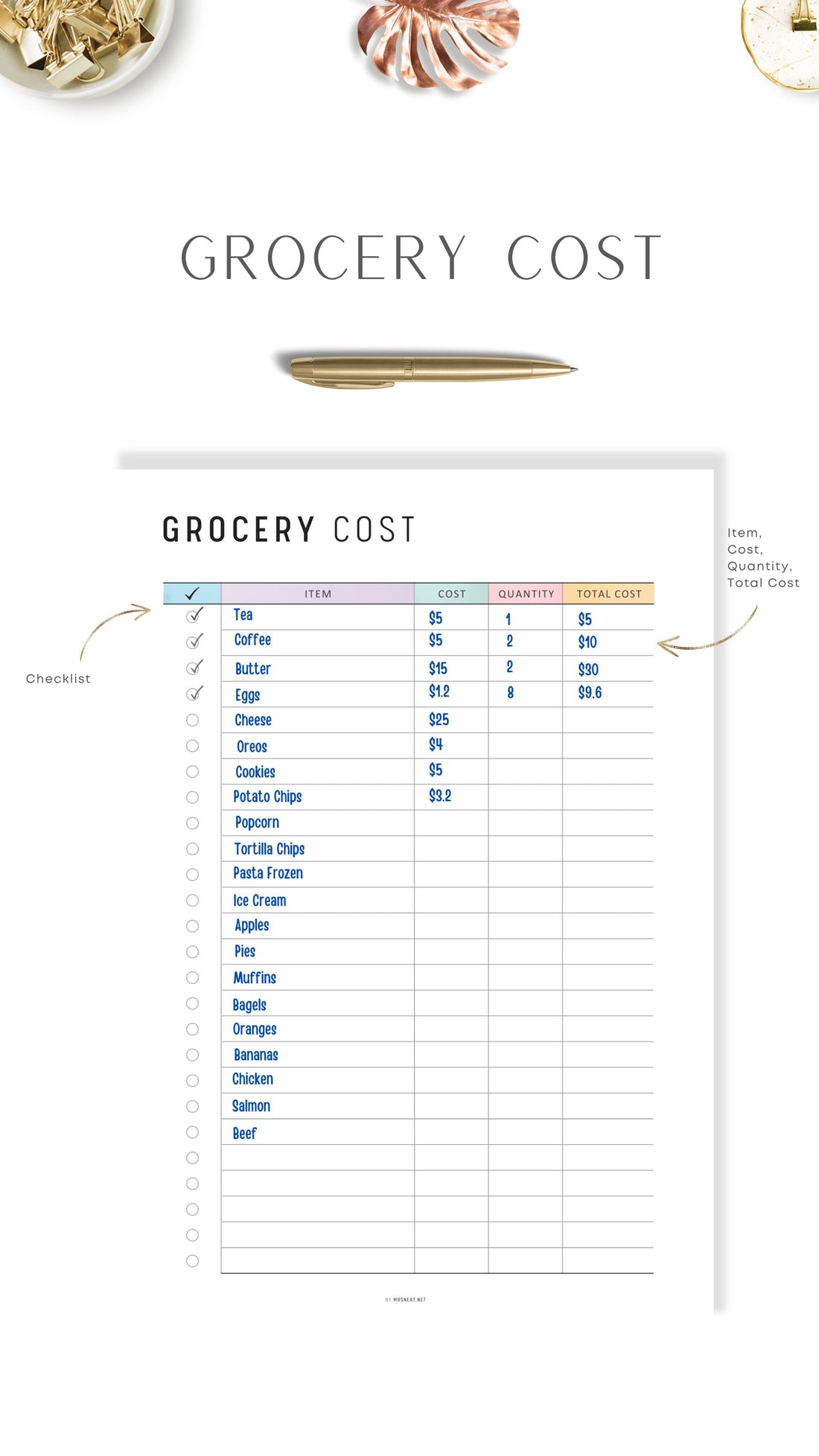 Grocery Cost Printable