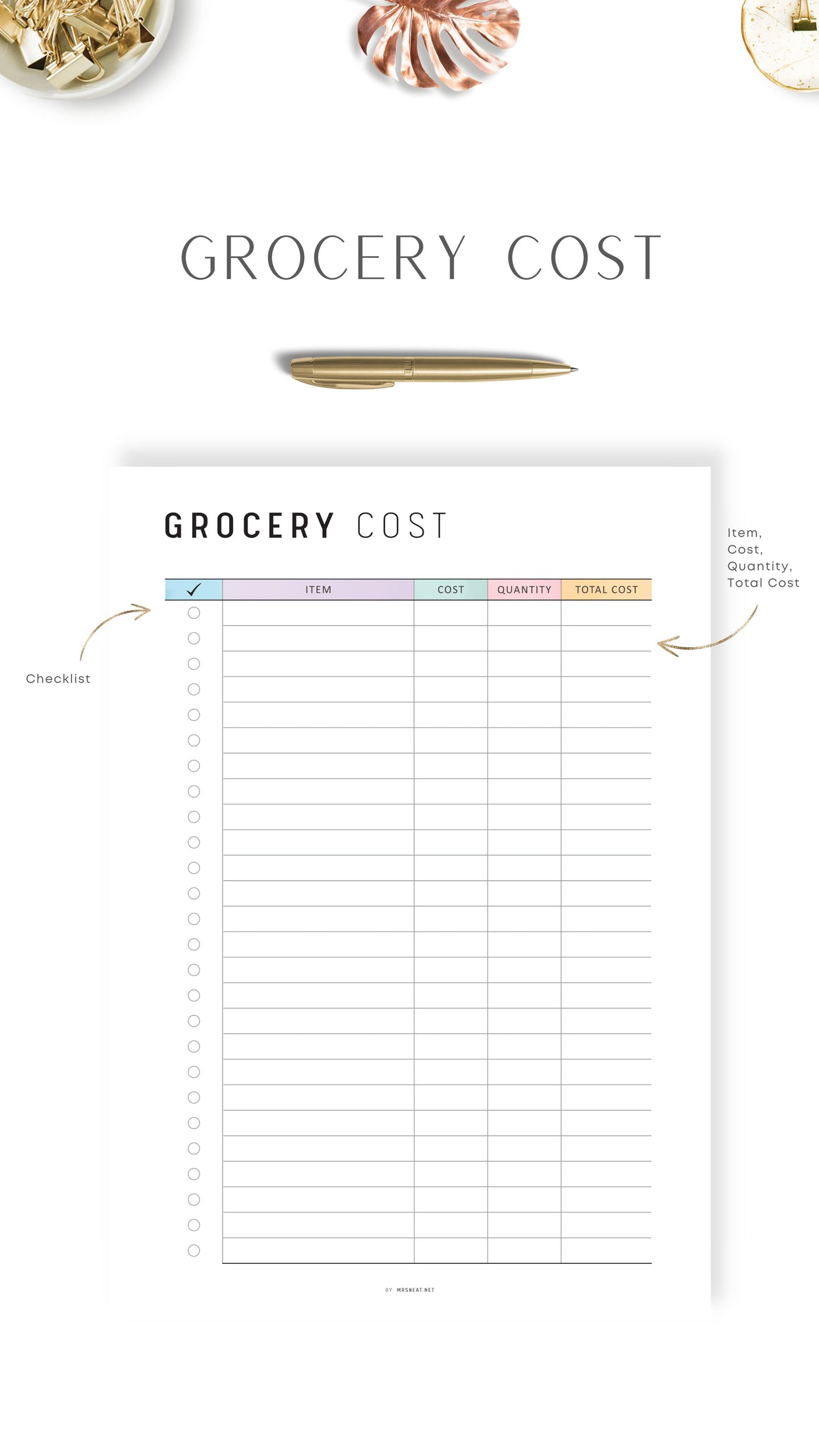 Monthly Grocery Cost Planner Printable