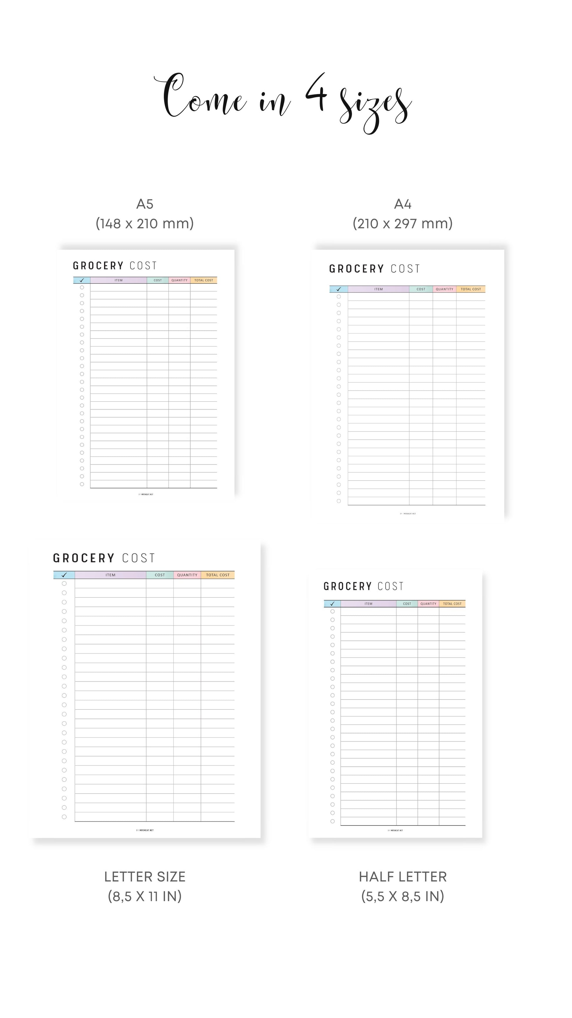 A4, A5, Letter, Half Letter Monthly Grocery Cost Planner Printable Insert