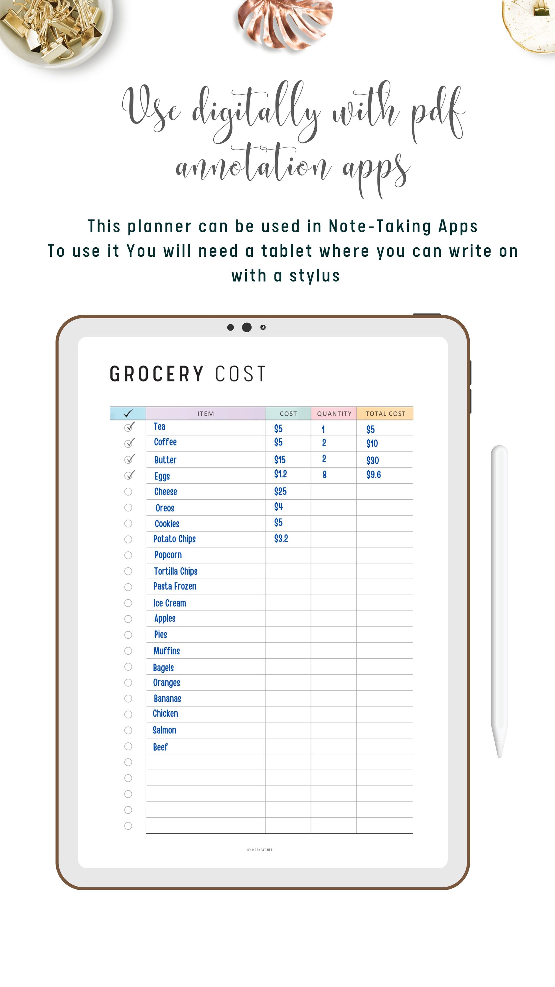 Digital Monthly Grocery Cost Planner PDF