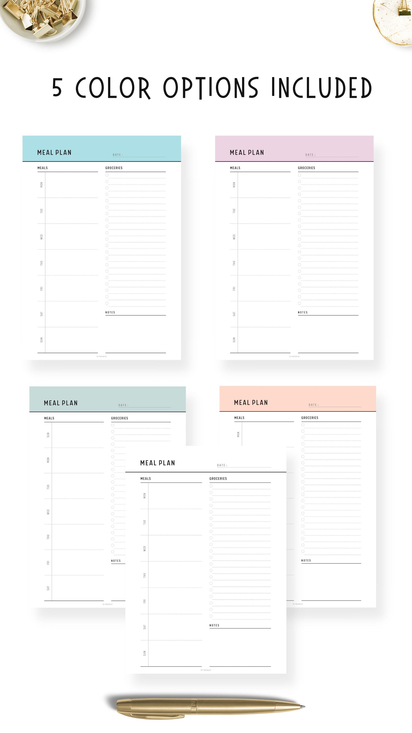 5 colors Weekly Meal Plan with Grocery List Template