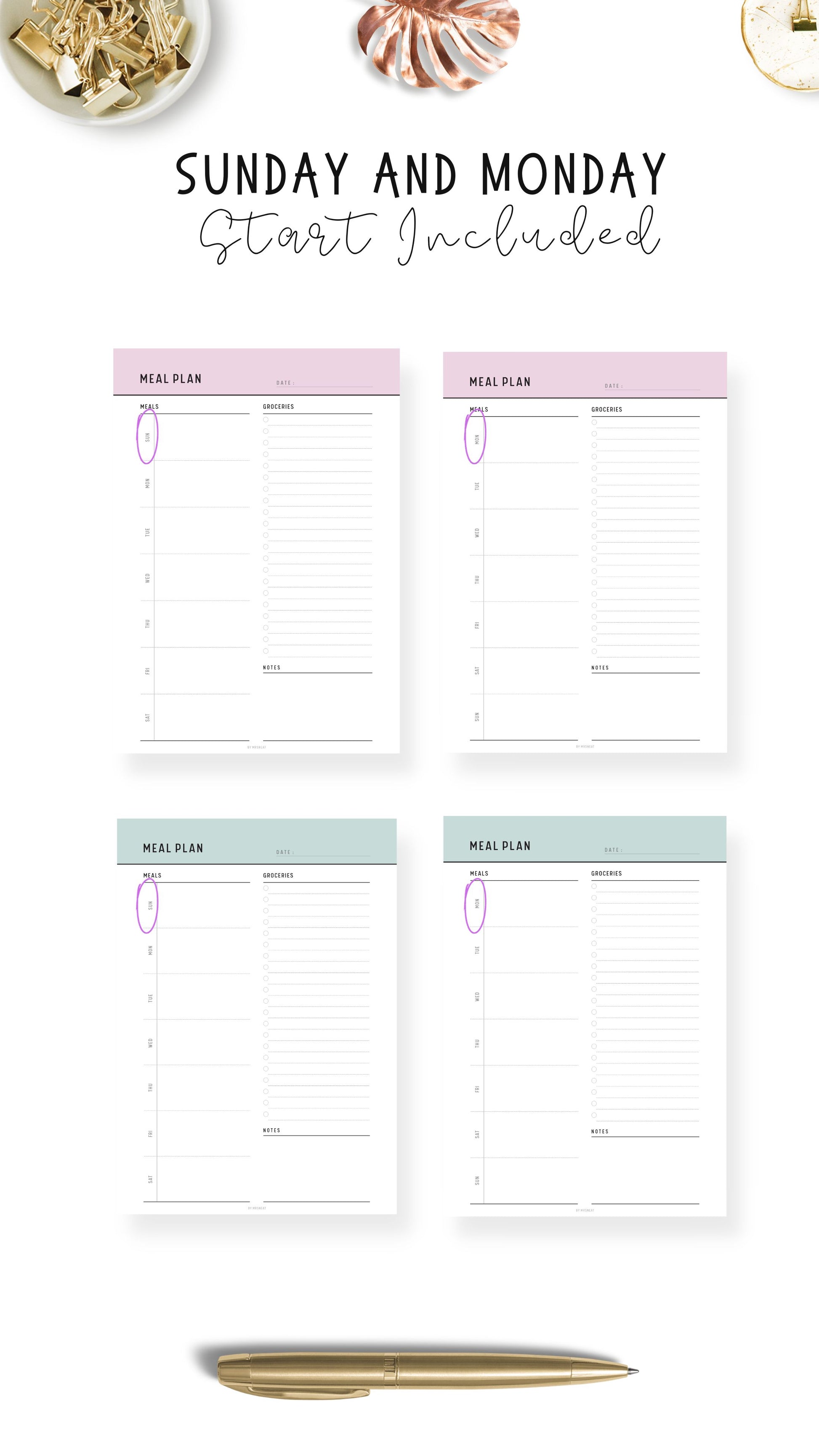 Sunday & Monday start Weekly Meal Plan with Grocery List Template