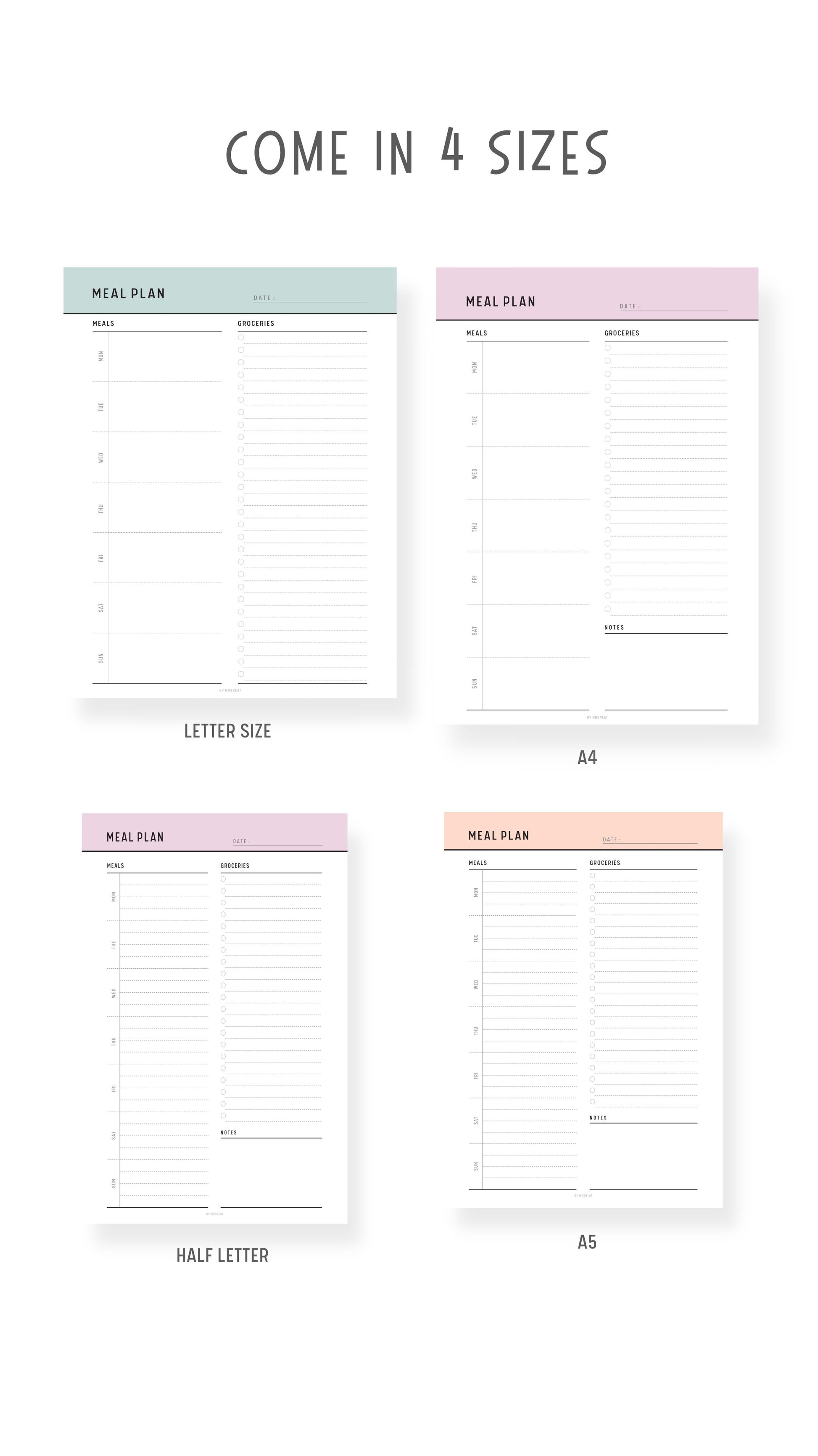 A4, A5, Letter, Half Letter Weekly Meal Plan with Grocery List Template