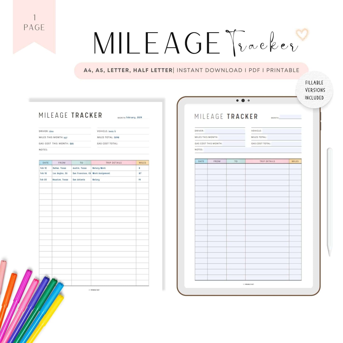 Colorful Mileage Tracker Printable, A4, A5, Letter, Half Letter, PDF, Fillable Versions, Neutral & Colorful options, Printable inserts