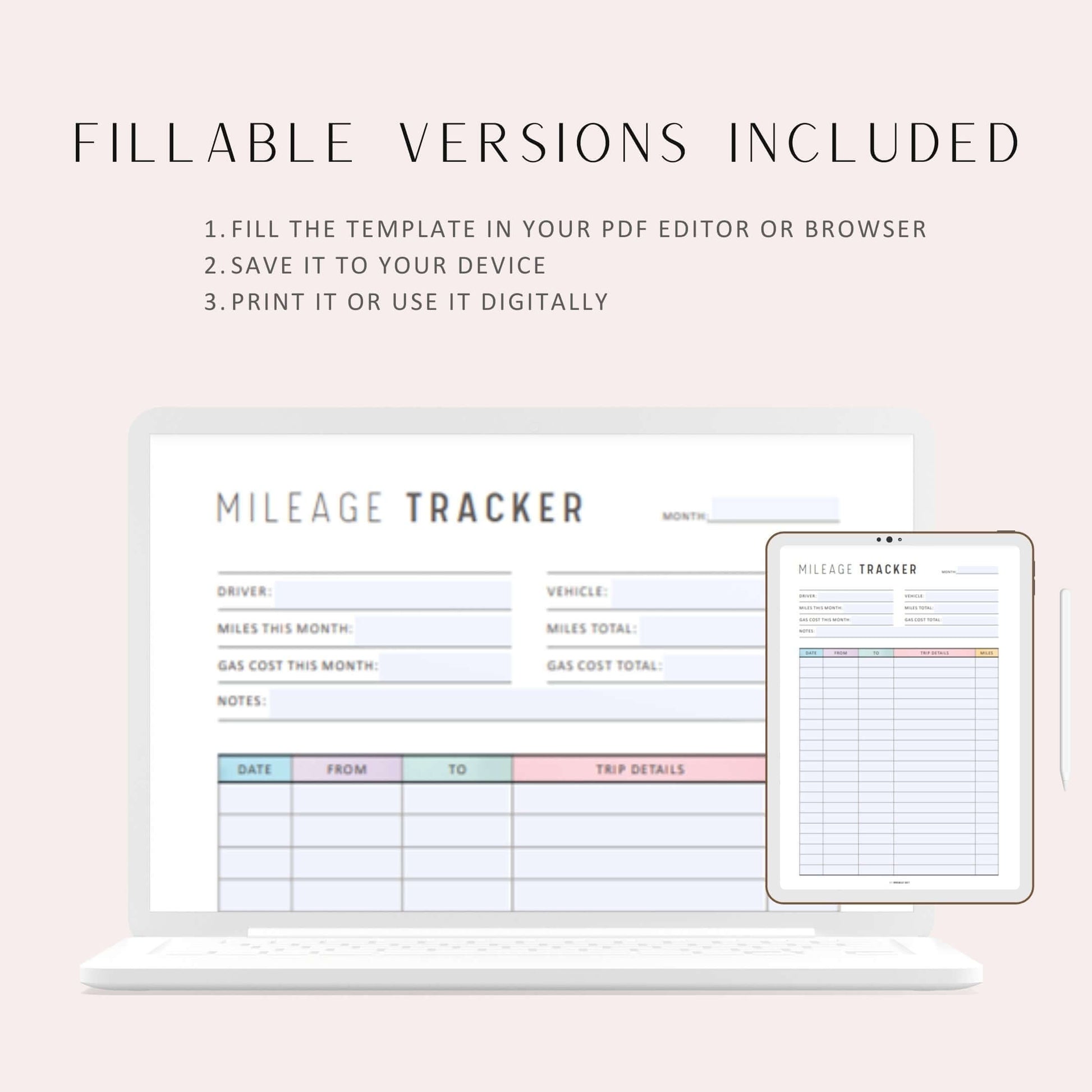 Colorful Mileage Tracker Printable, A4, A5, Letter, Half Letter, PDF, Fillable Versions, Neutral & Colorful options, Printable inserts