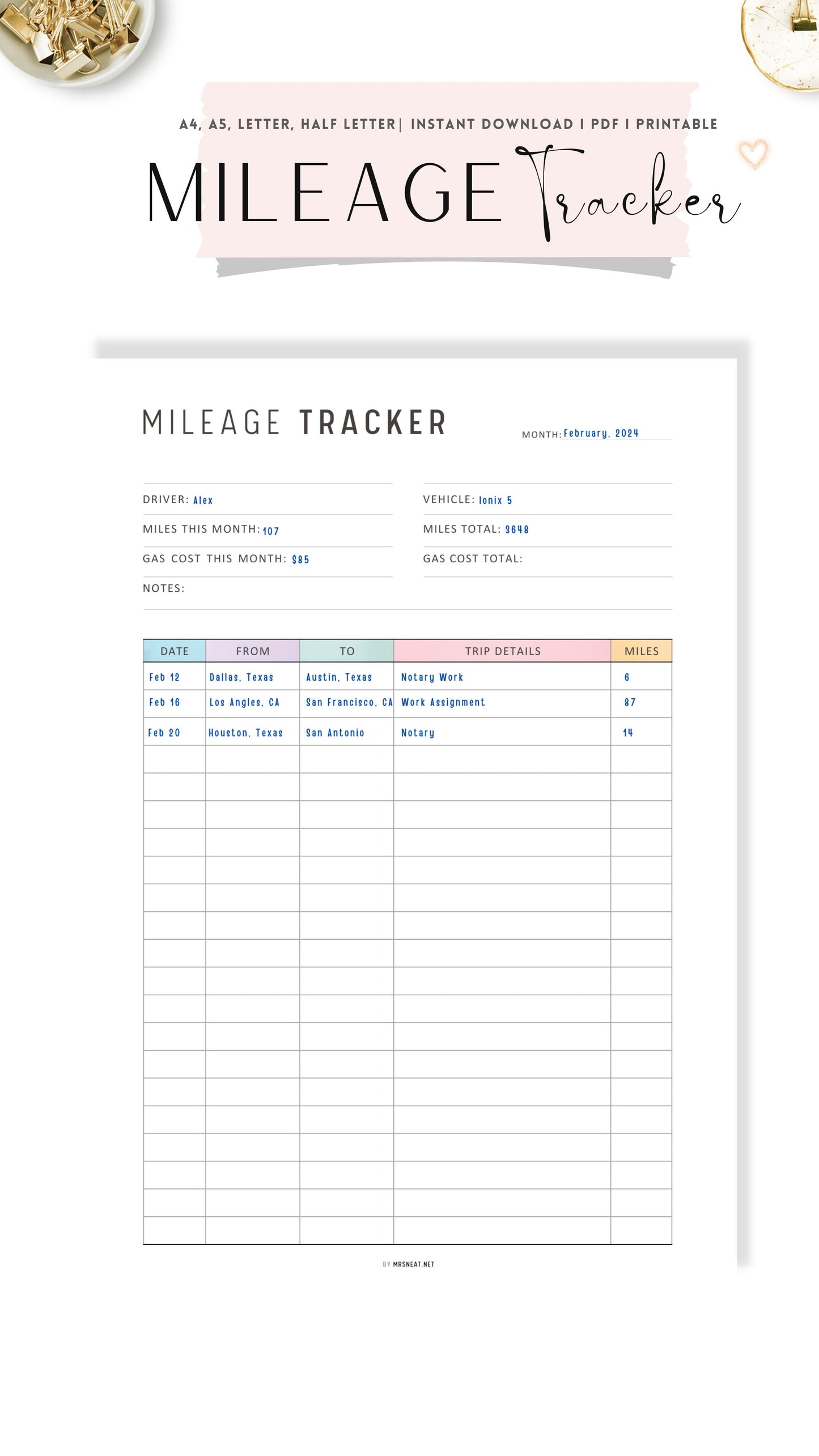 Colorful Mileage Tracker Printable