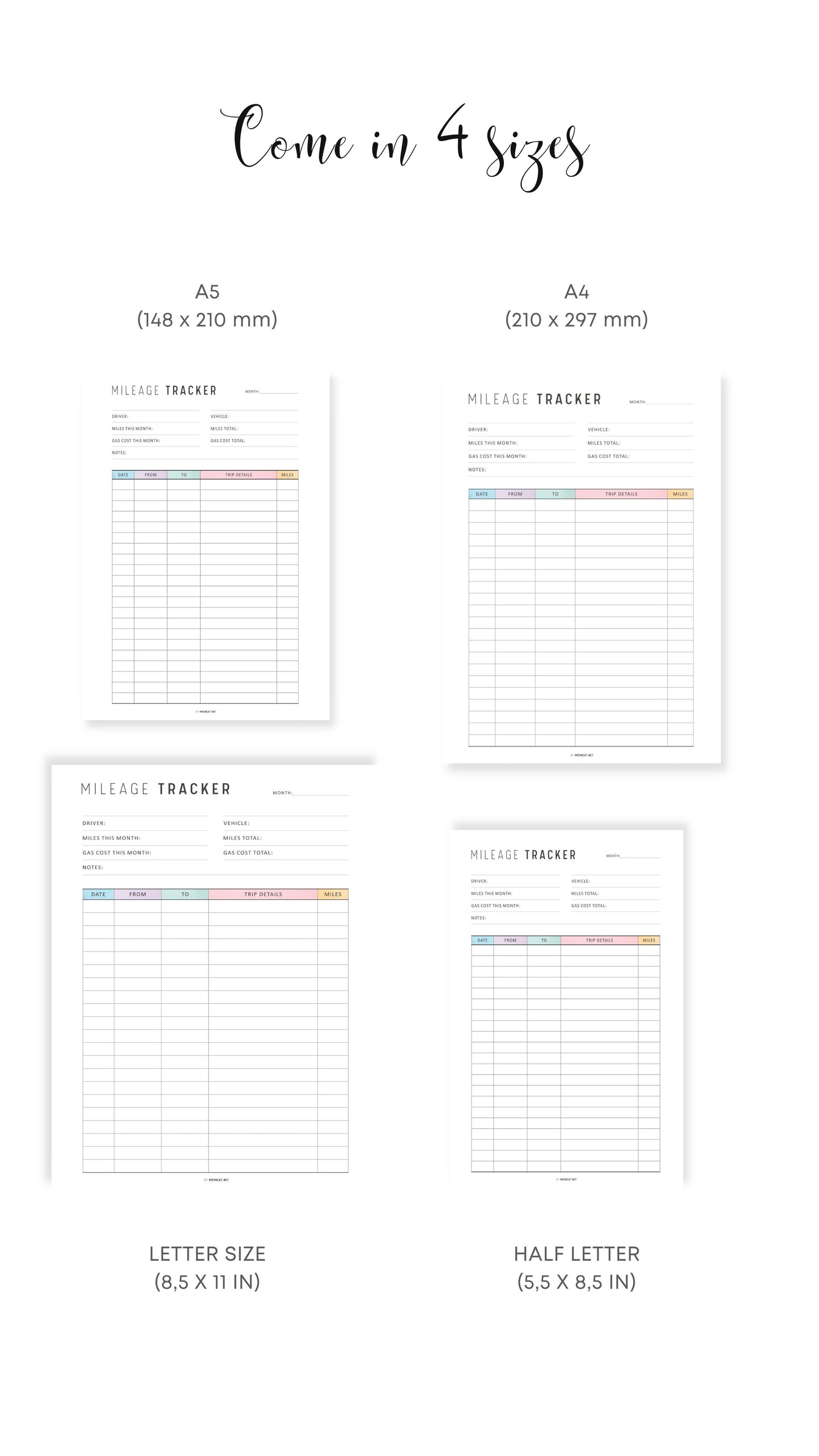 A4, A5, Letter, Half Letter Colorful Mileage Tracker Printable