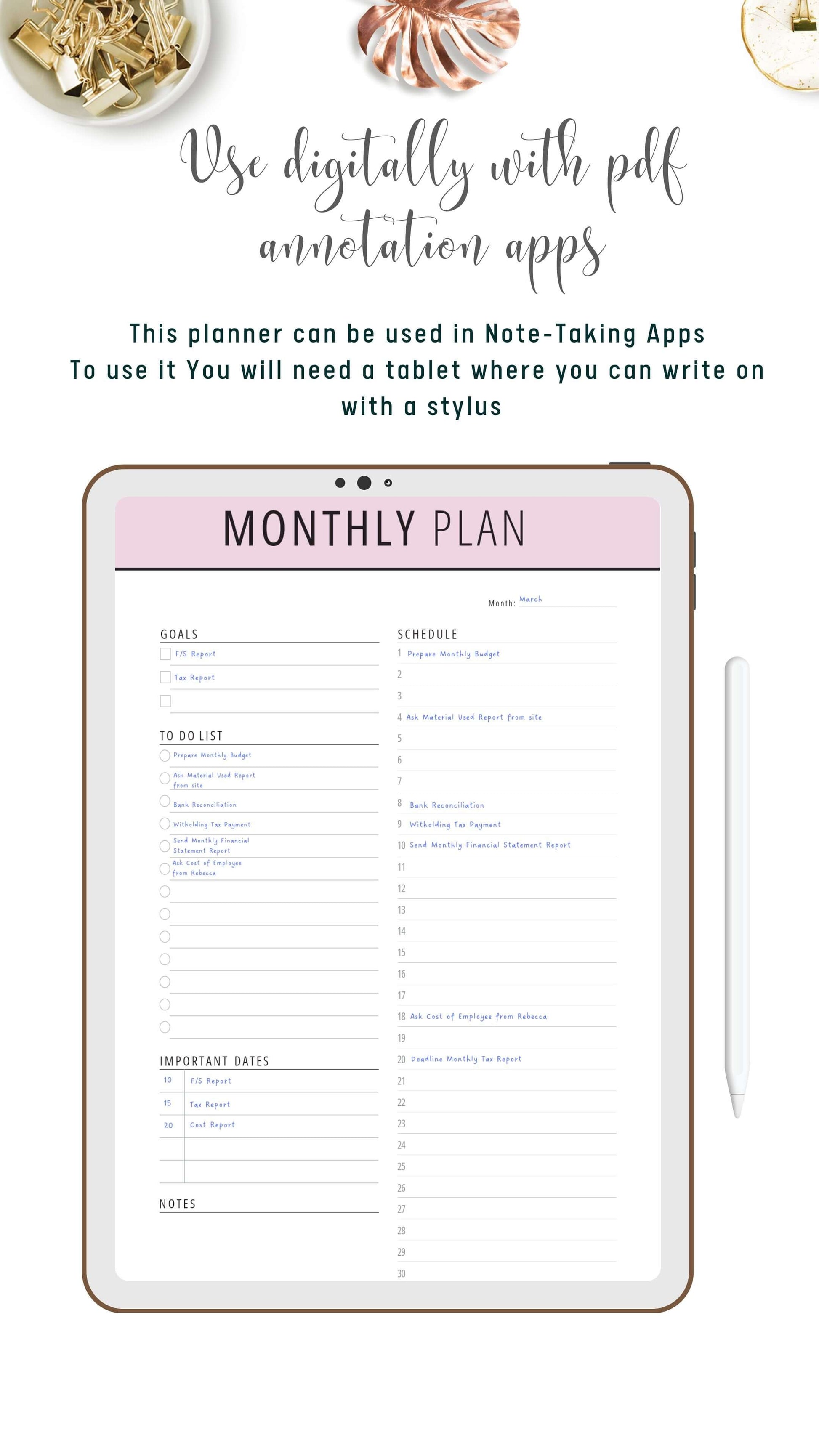 Digital Monthly Planner Template PDF