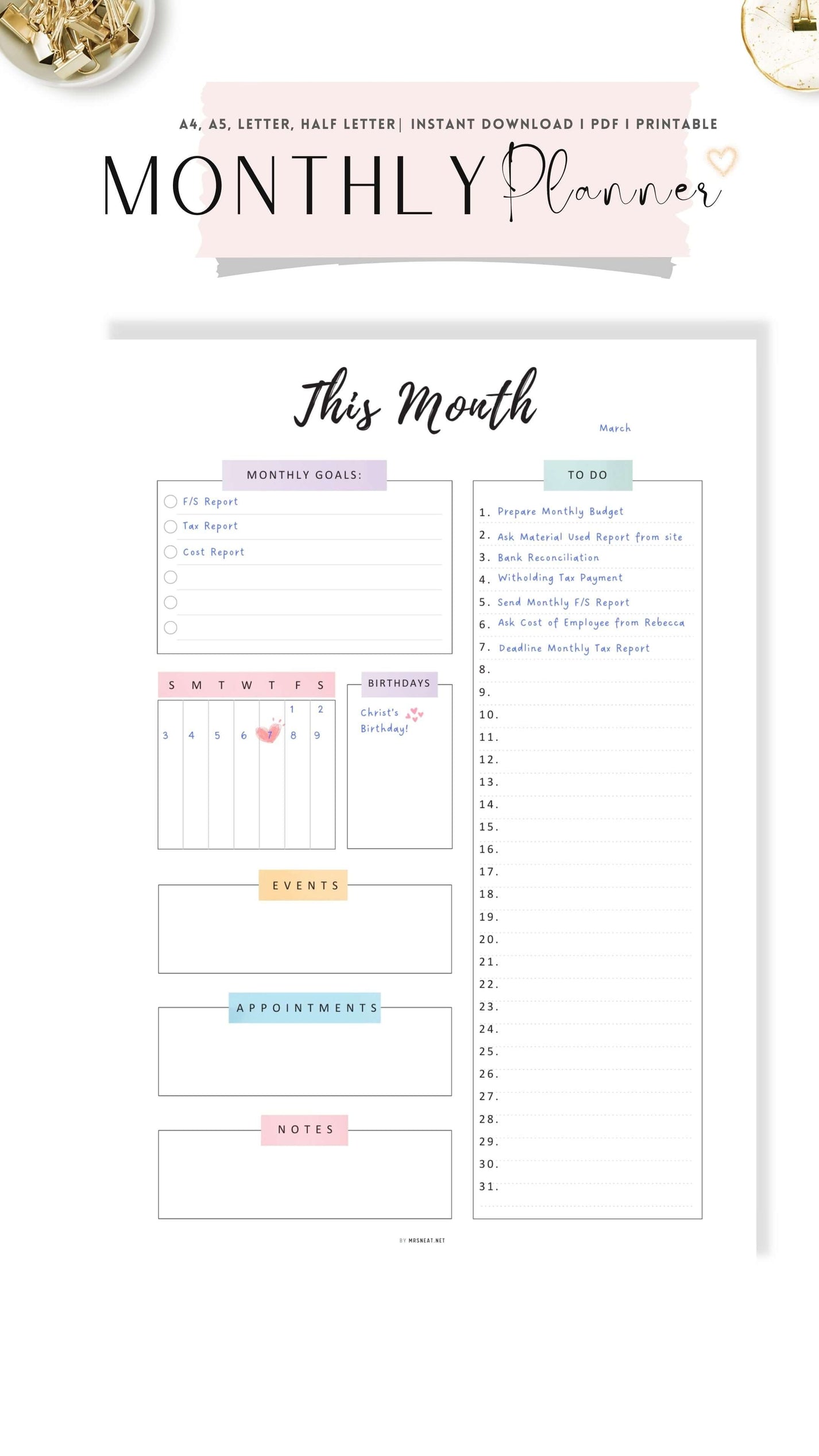 Printable Monthly Planner Template PDF Mrsneat
