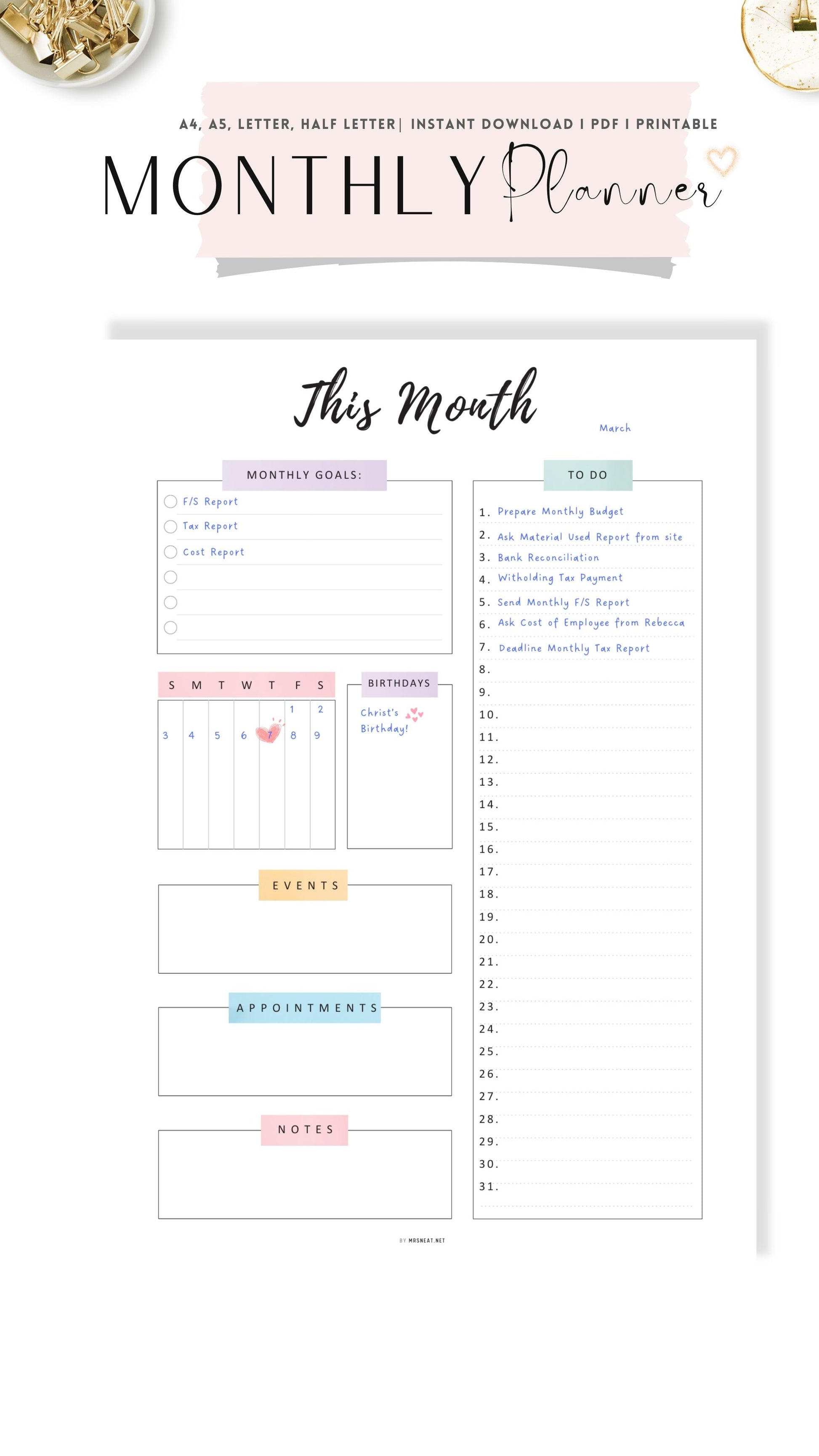 Colorful Printable Monthly Planner Template PDF