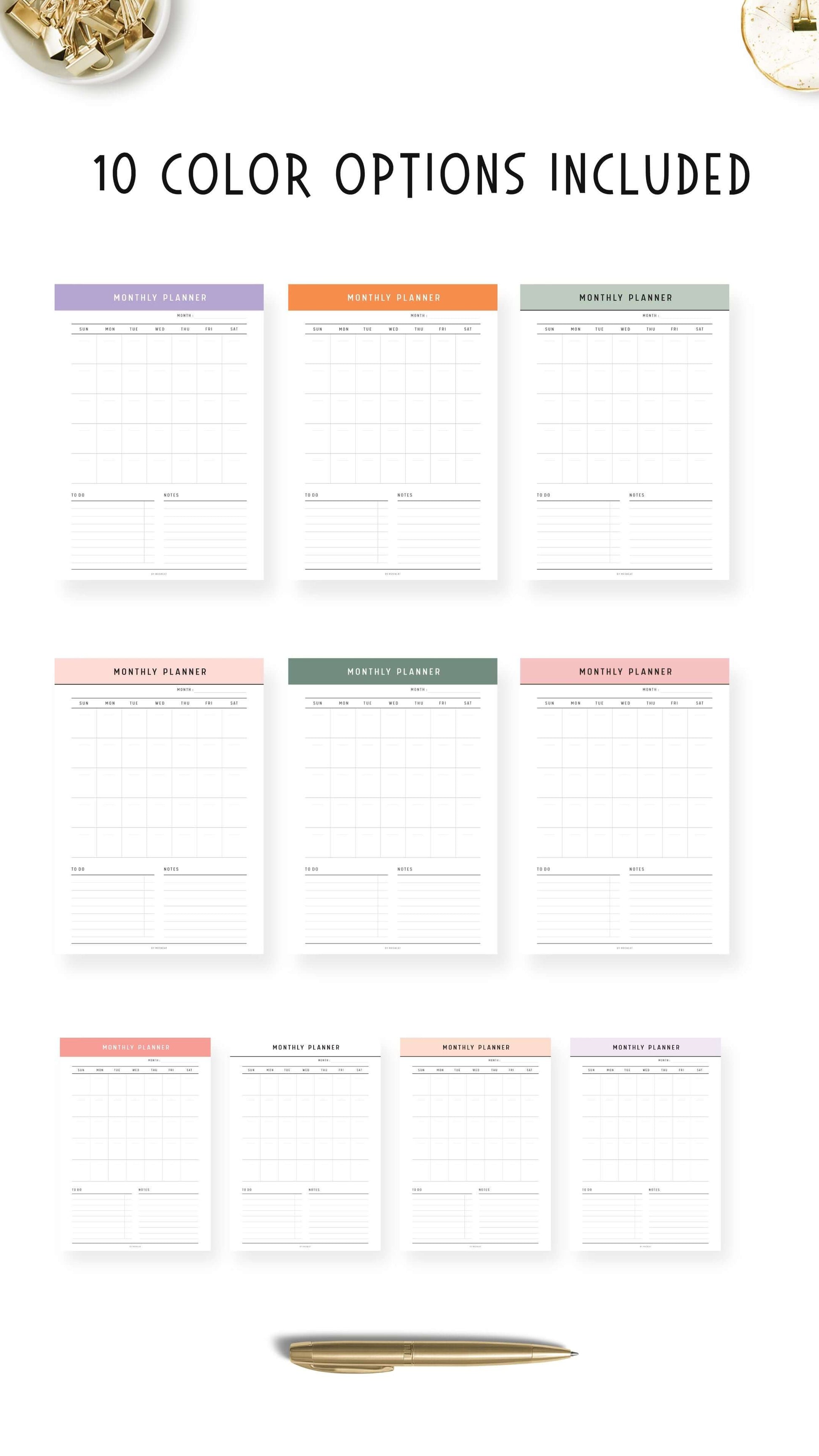 10 colors Monthly Planner Printable