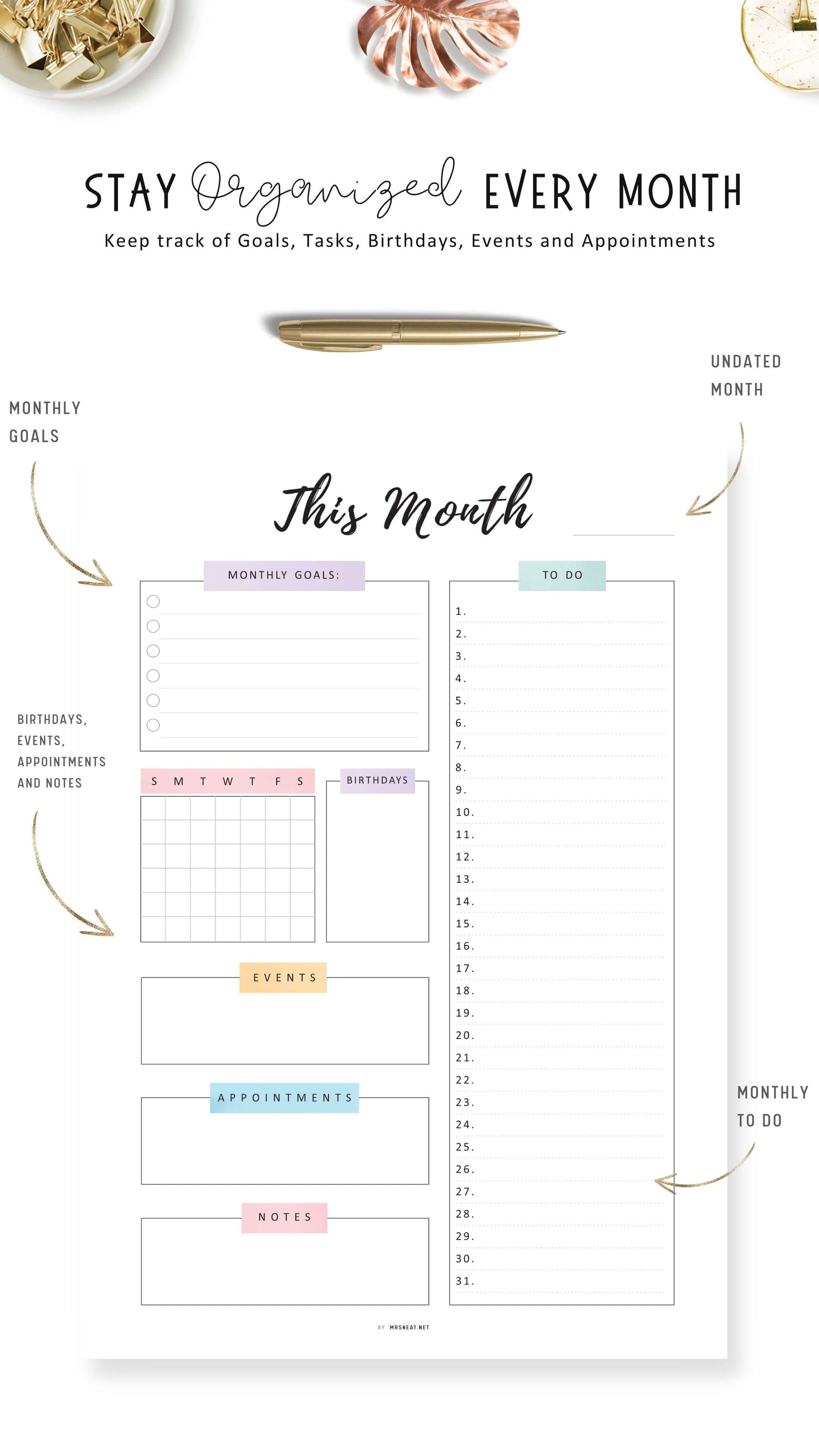 Printable Monthly Planner Template PDF Mrsneat