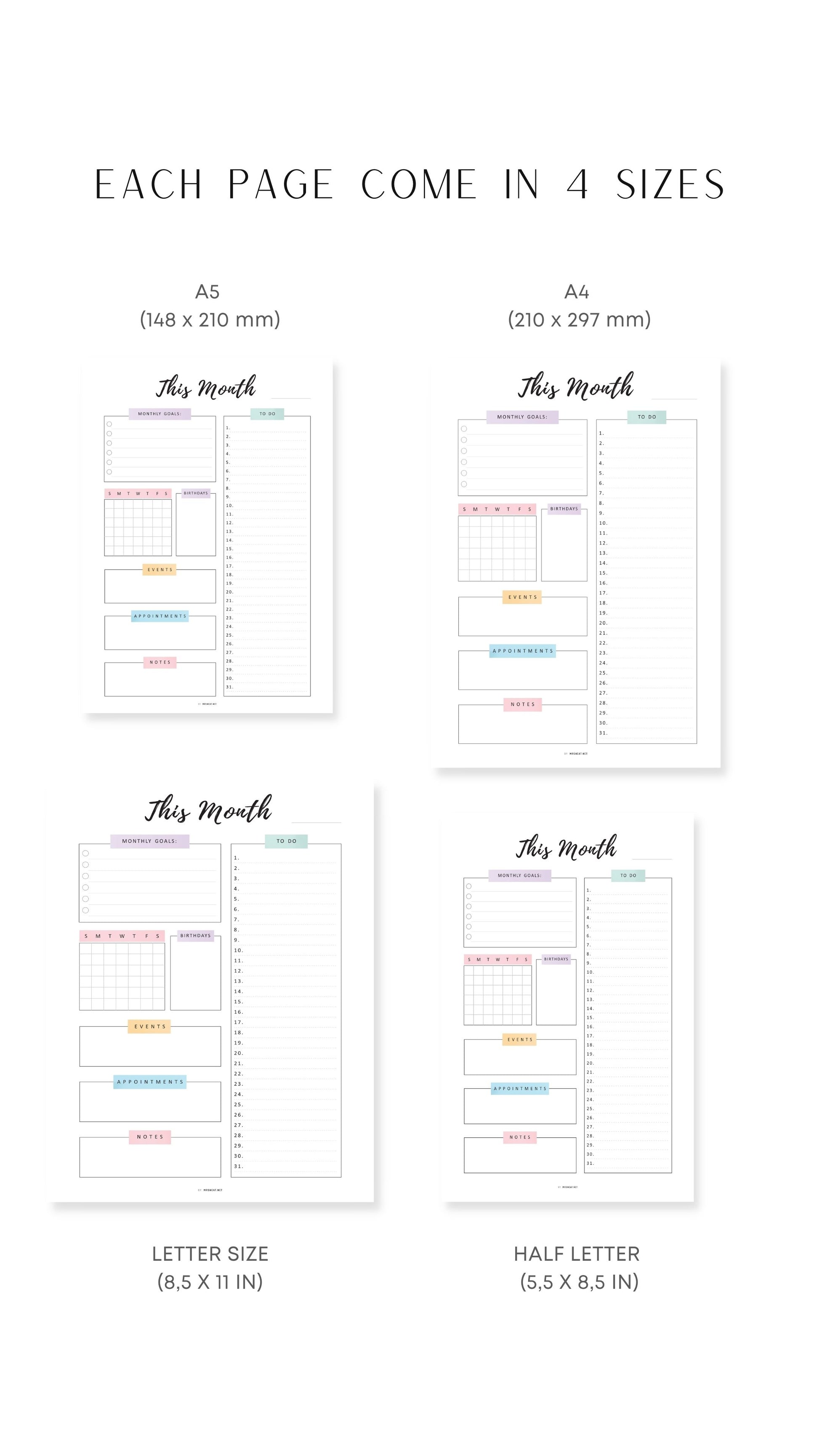 A4, A5, Letter, Half Letter Printable Monthly Planner Template PDF