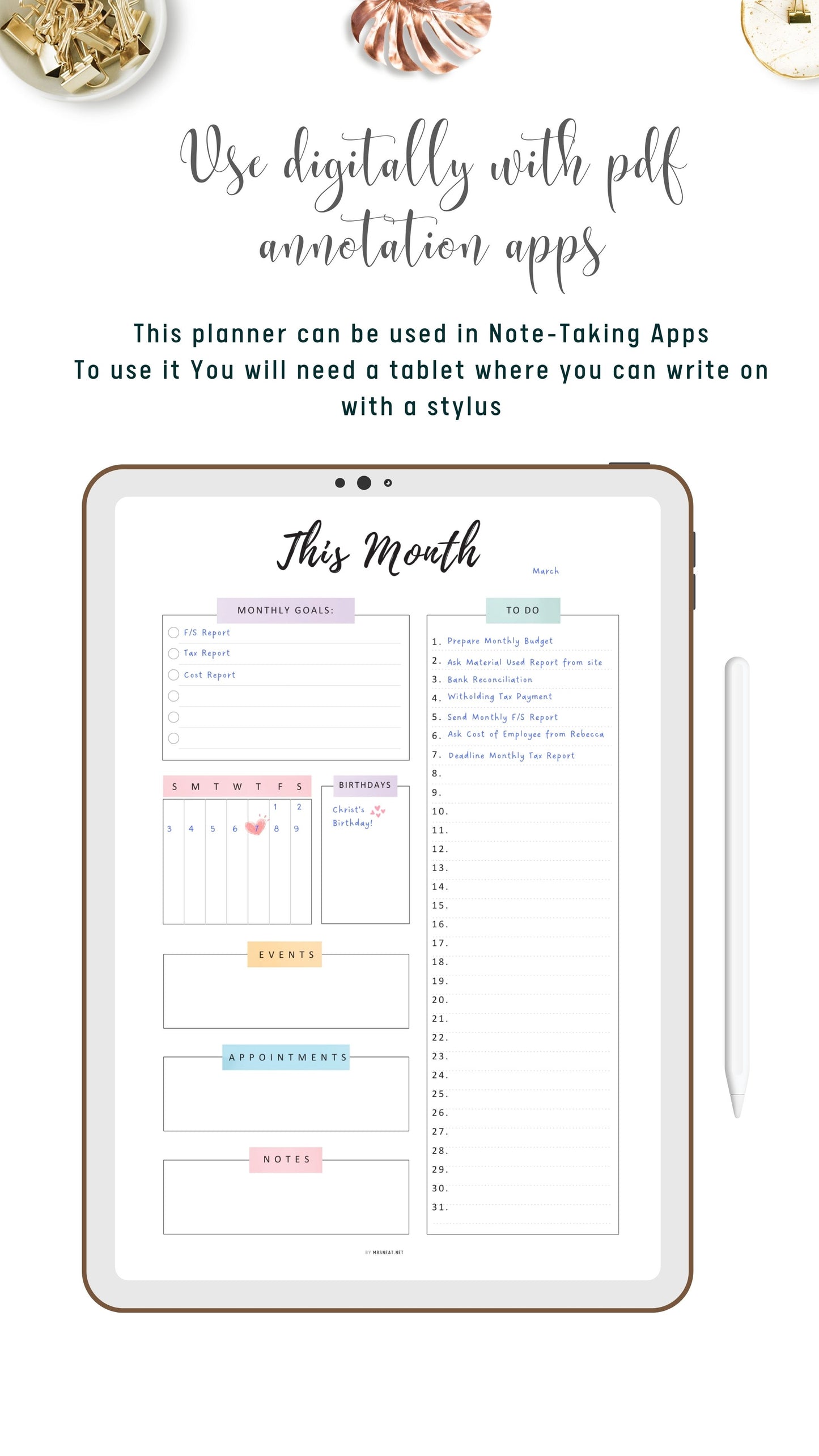 Digital Monthly Planner Template PDF