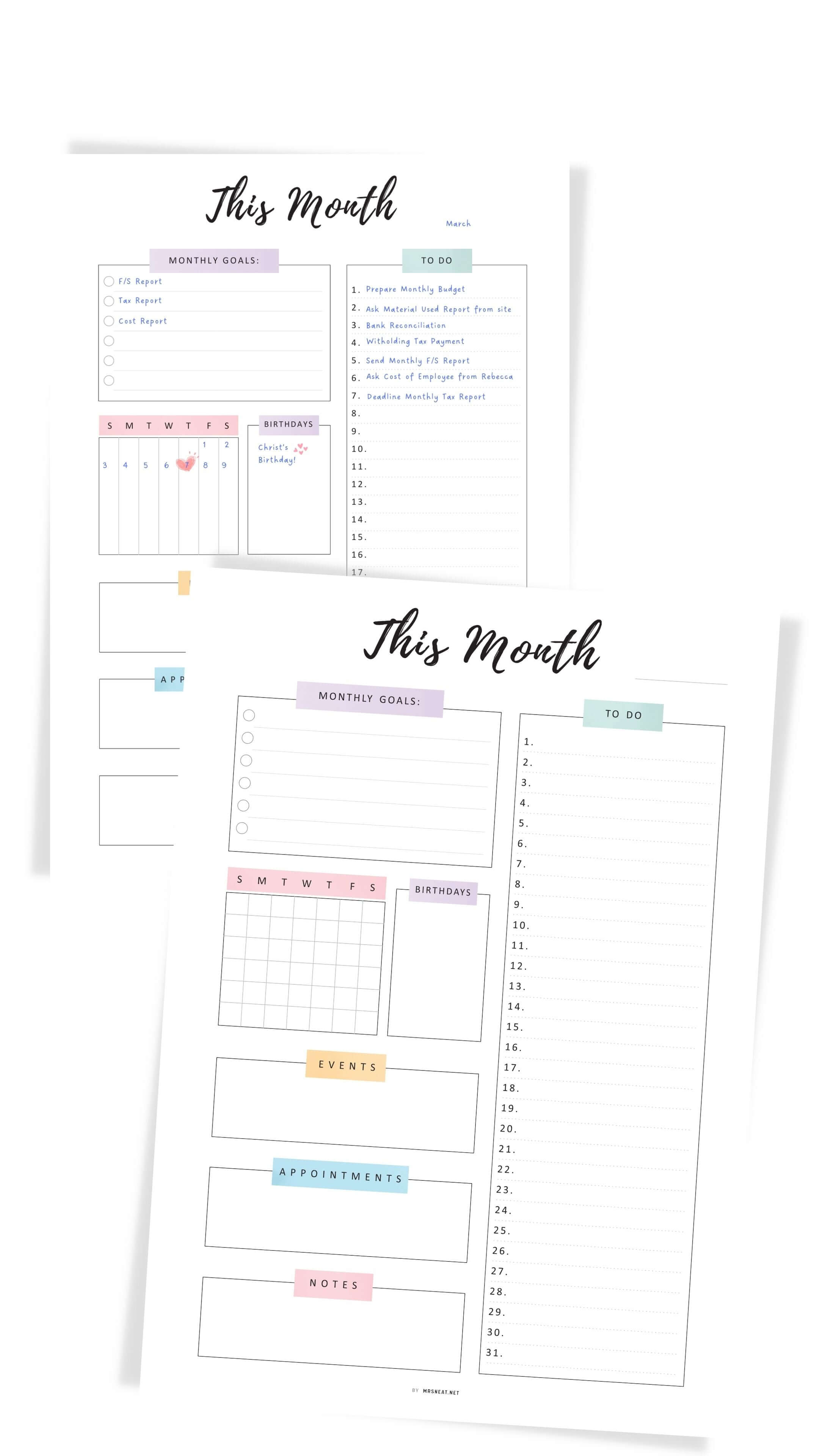 Printable Monthly Planner Template PDF – mrsneat