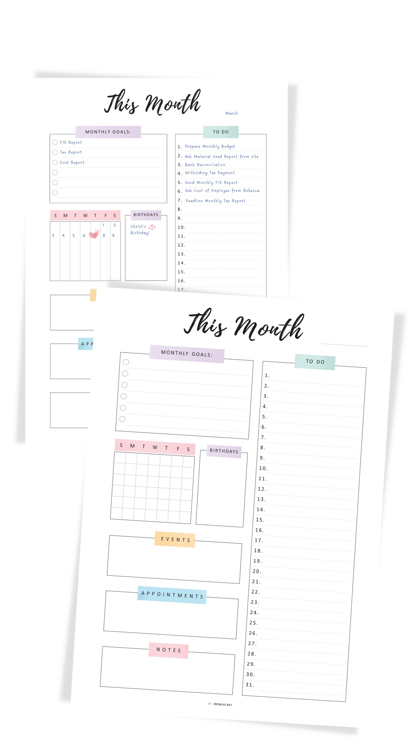 Printable Monthly Planner Template PDF