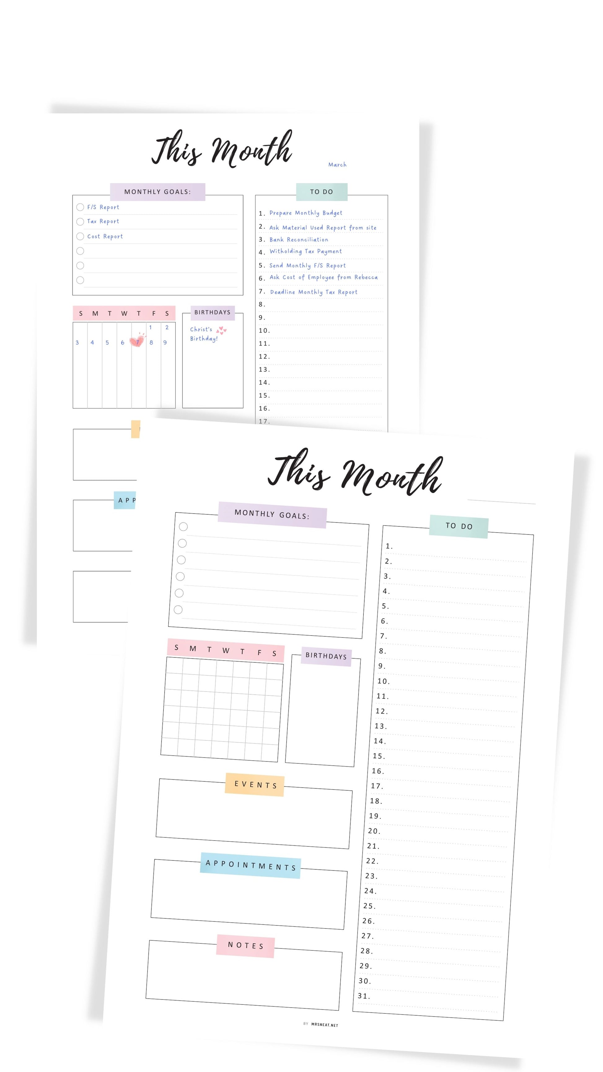 Printable Monthly Planner Template PDF