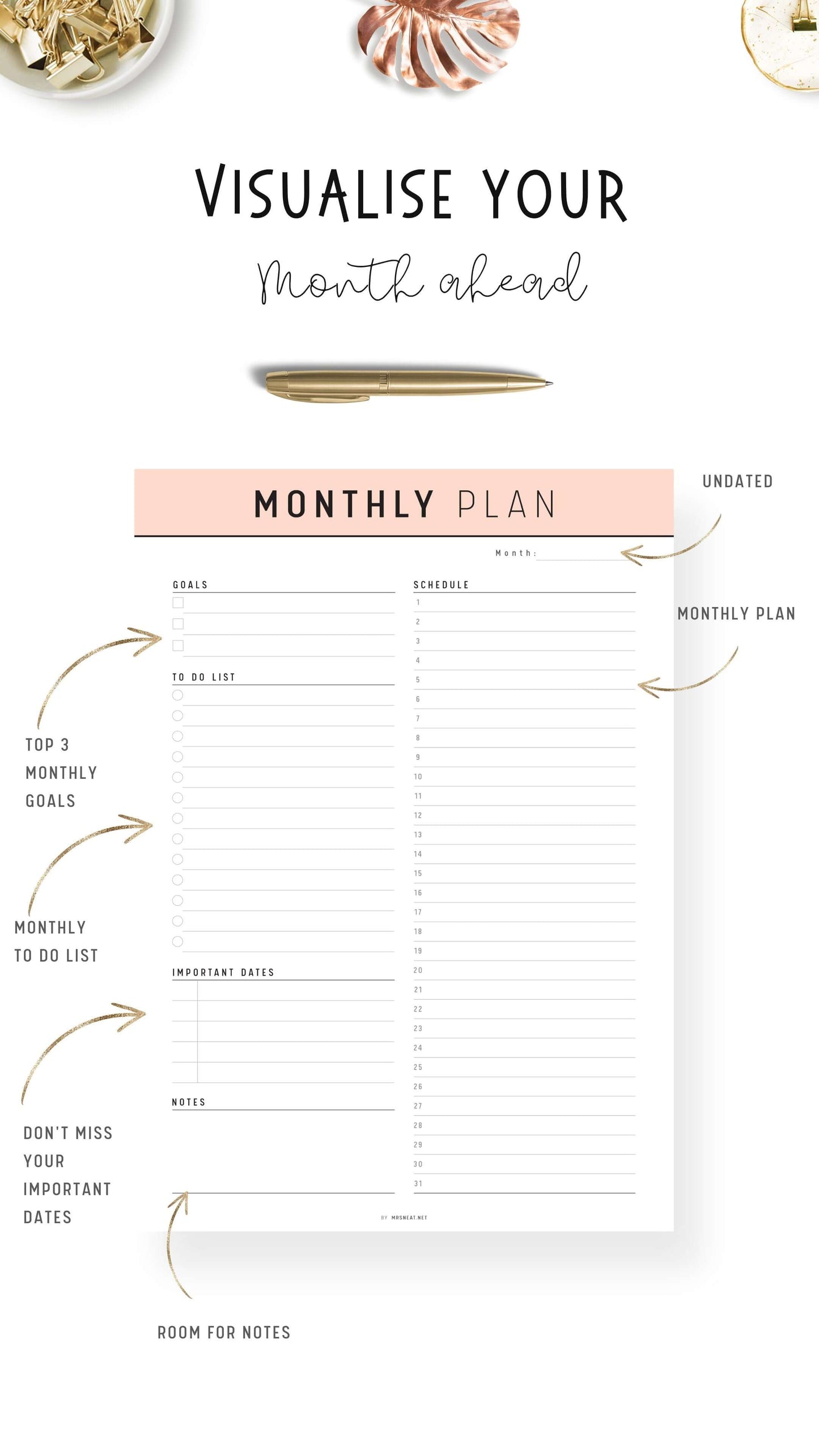 Peach Monthly Planner Template Printable PDF