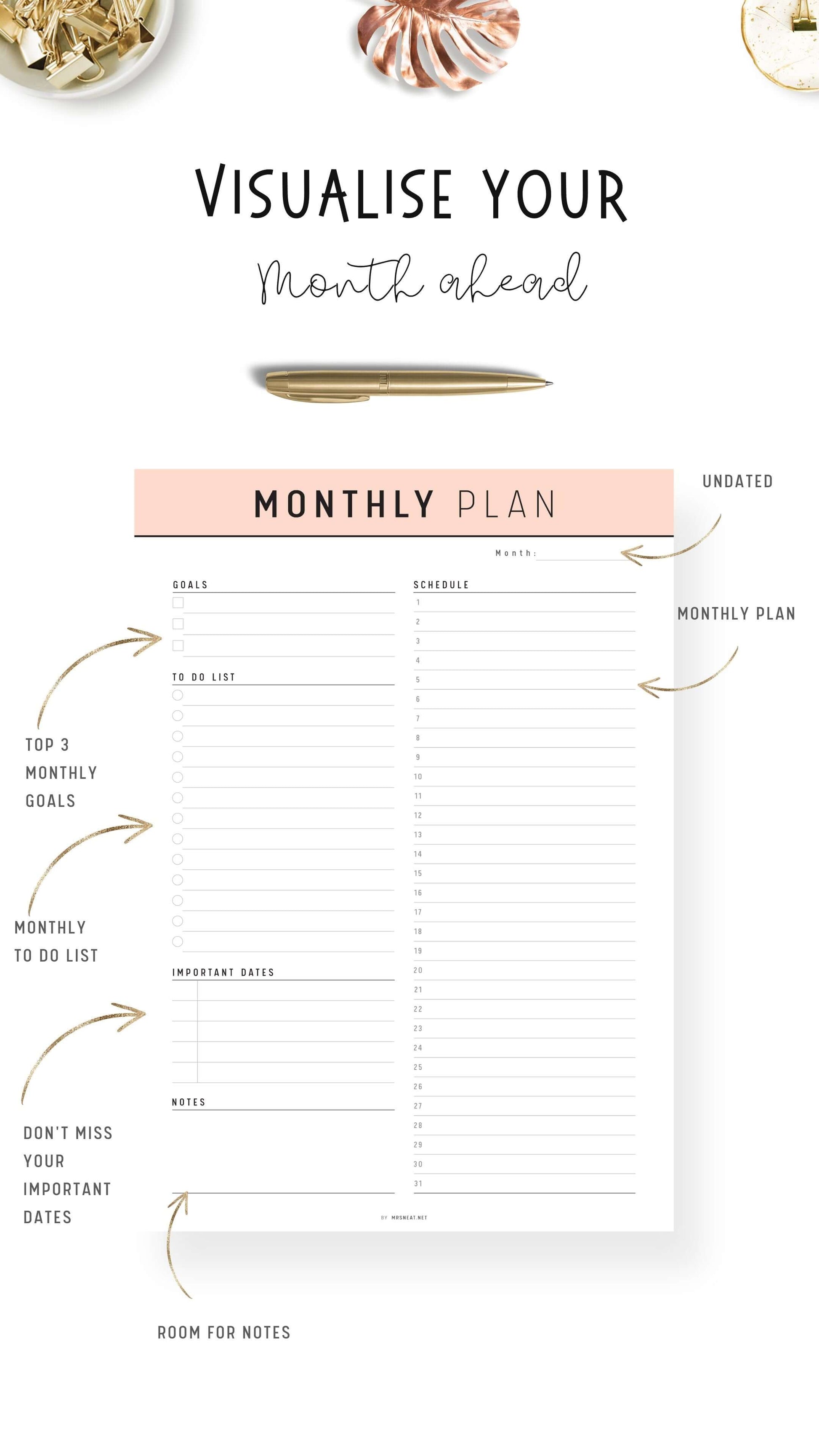Peach Monthly Planner Template Printable PDF