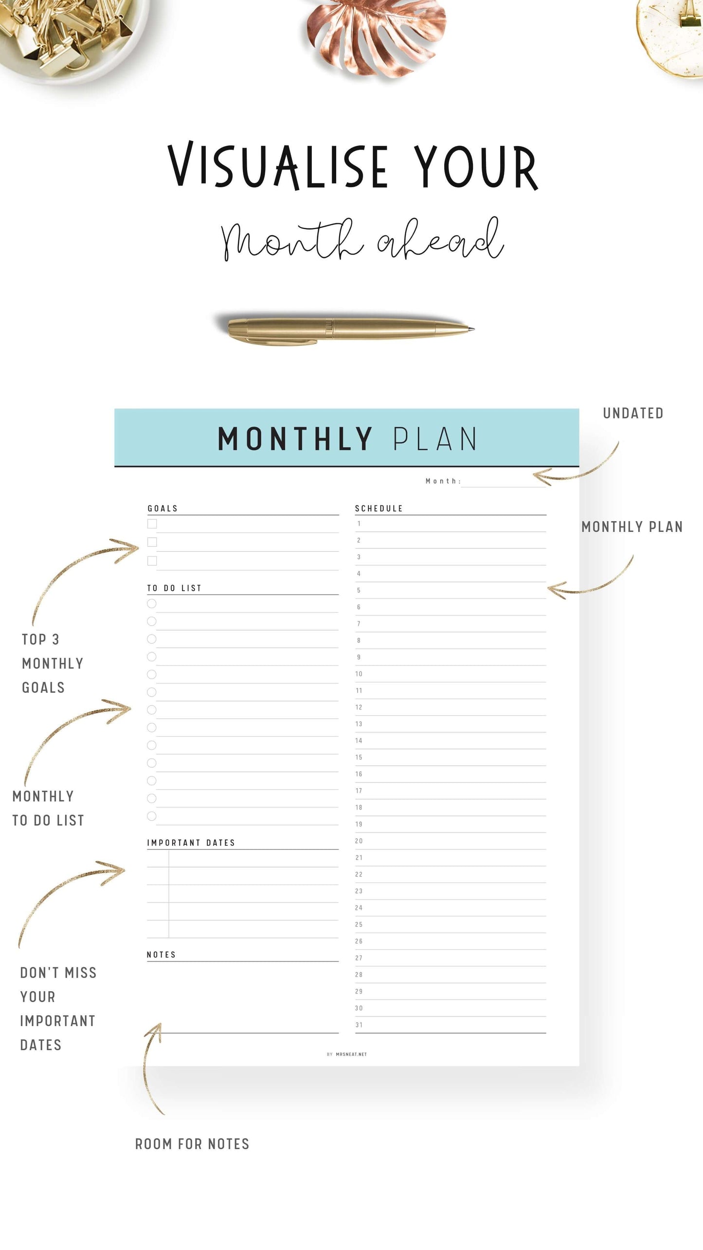 Blue Monthly Planner Template Printable PDF