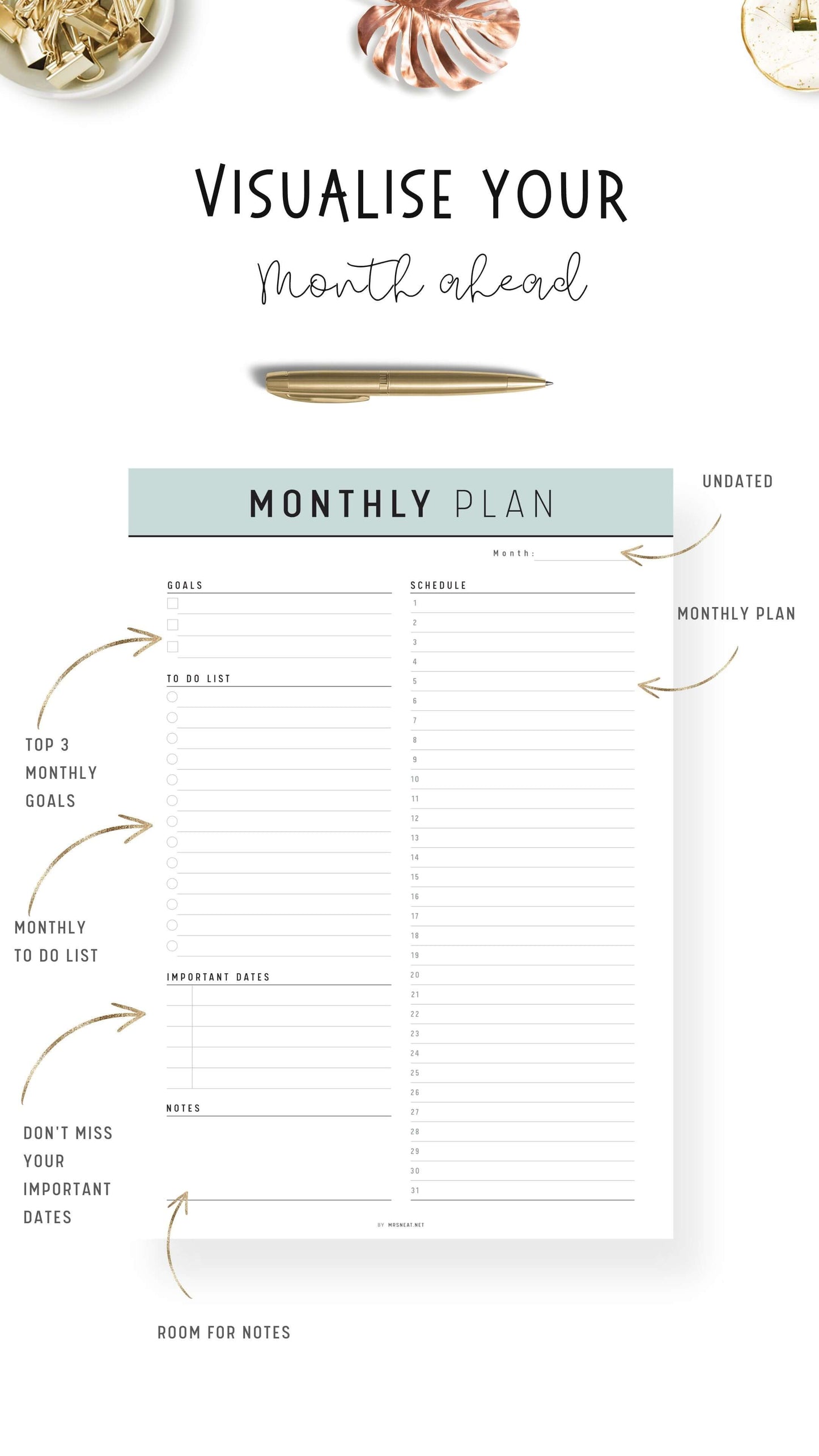 Green Monthly Planner Template Printable PDF