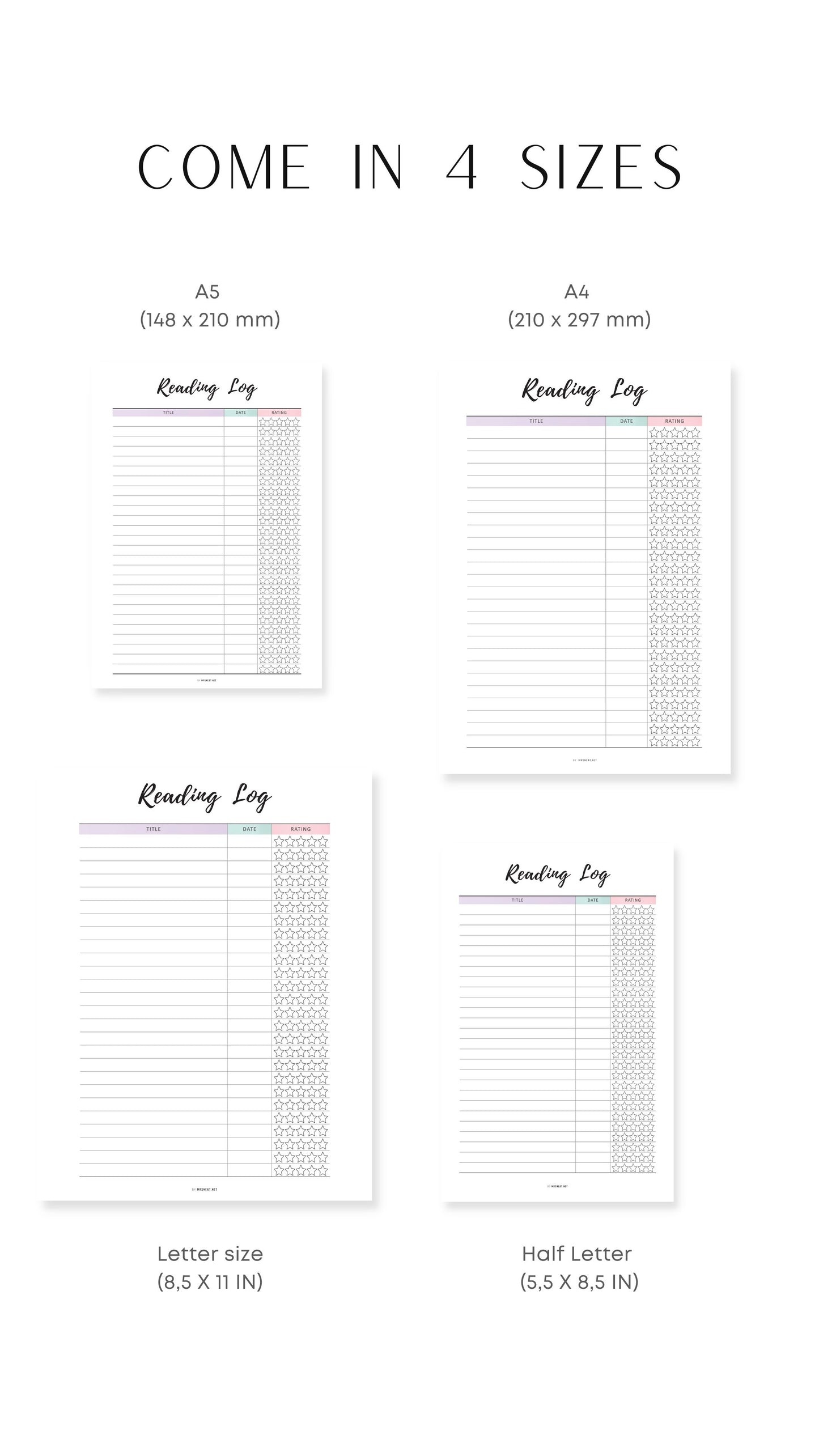 A4, A5, Letter, Half Letter Colorful Reading Log Template