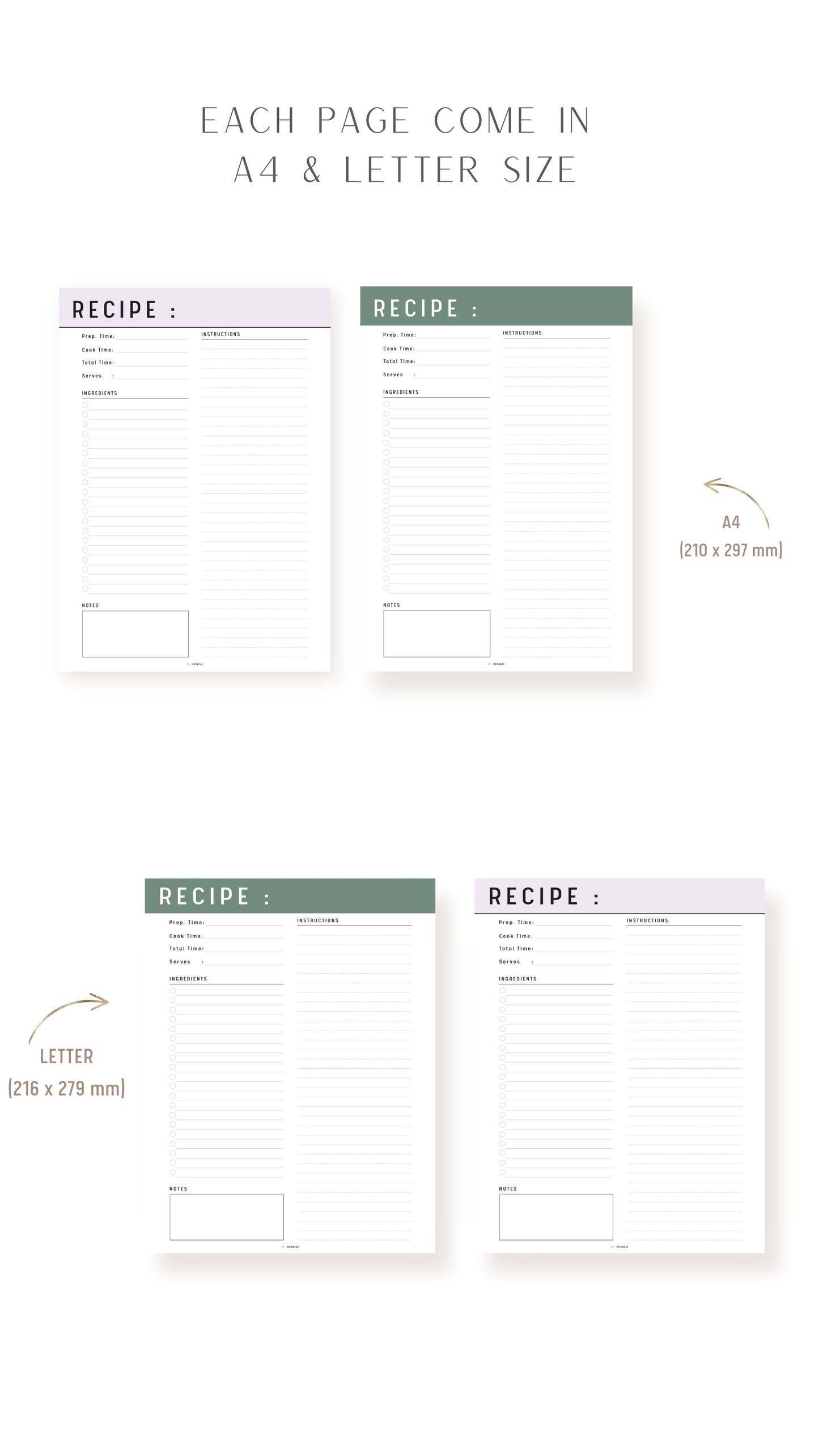 A4, Letter Recipe Page Template Printable