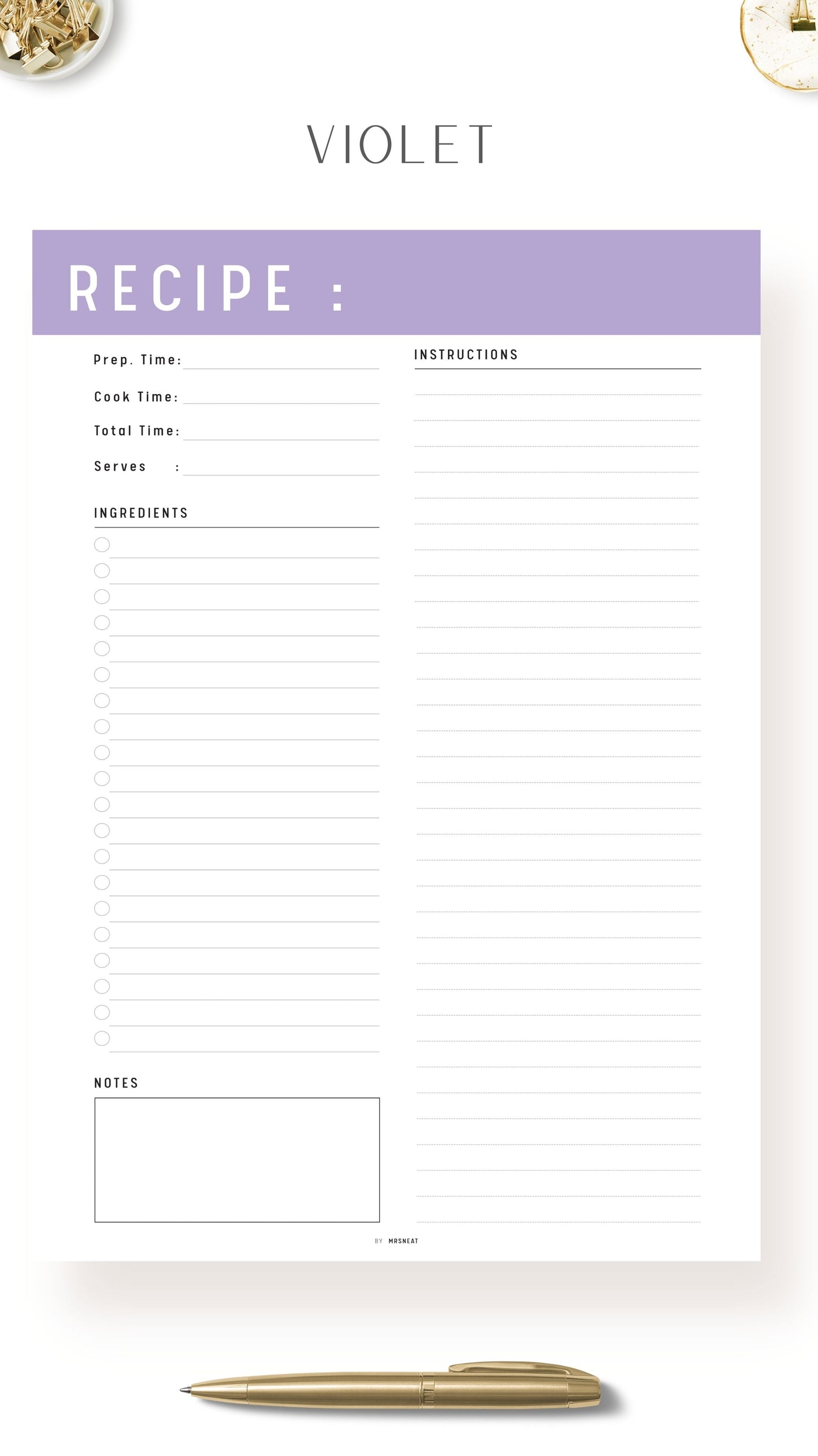 Violet Recipe Page Template Printable
