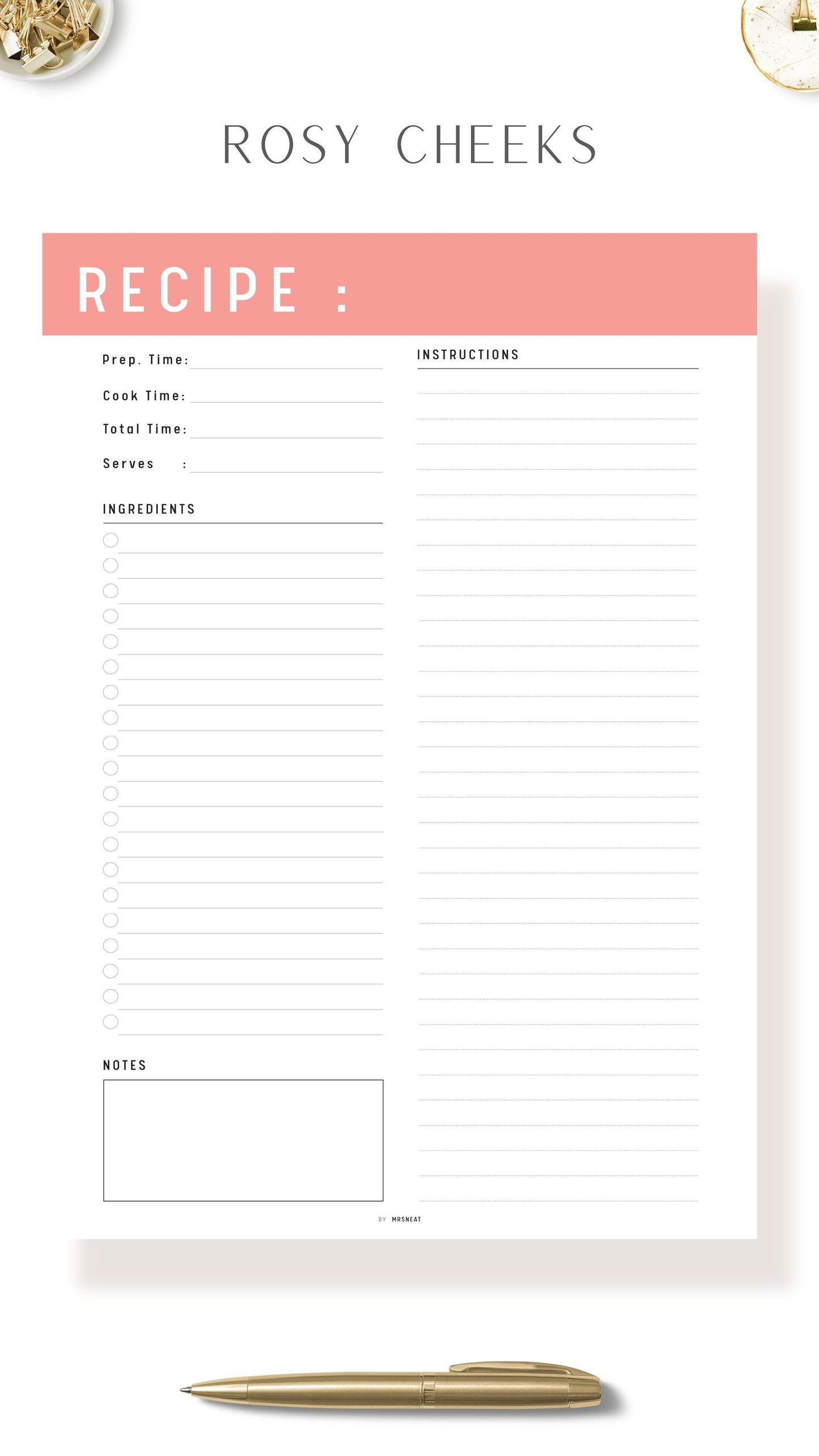 Rosy Cheeks Recipe Page Template Printable