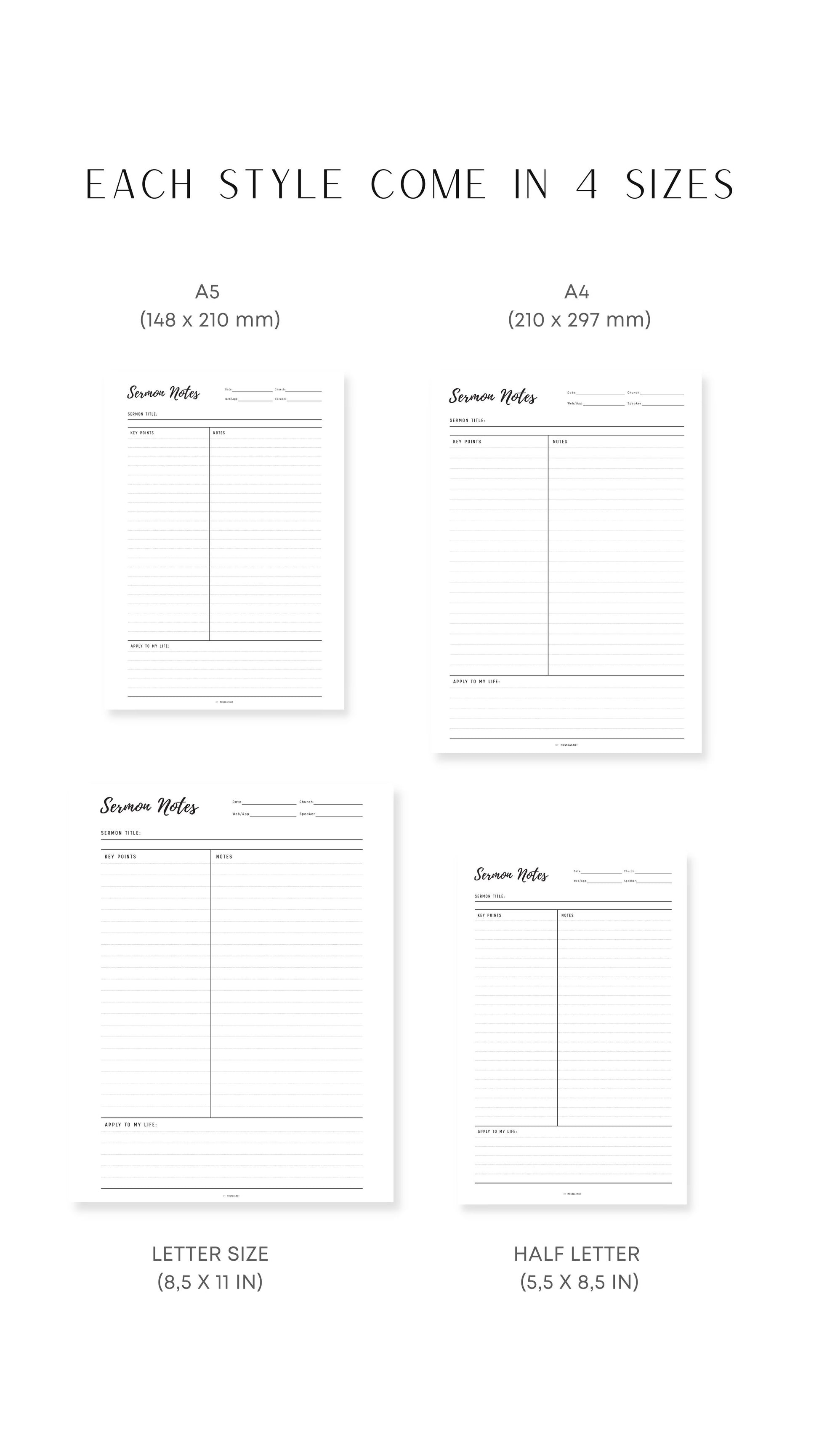 A4, A5, Letter, Half Letter Aesthetic Clean and Minimalist Sermon Notes Template
