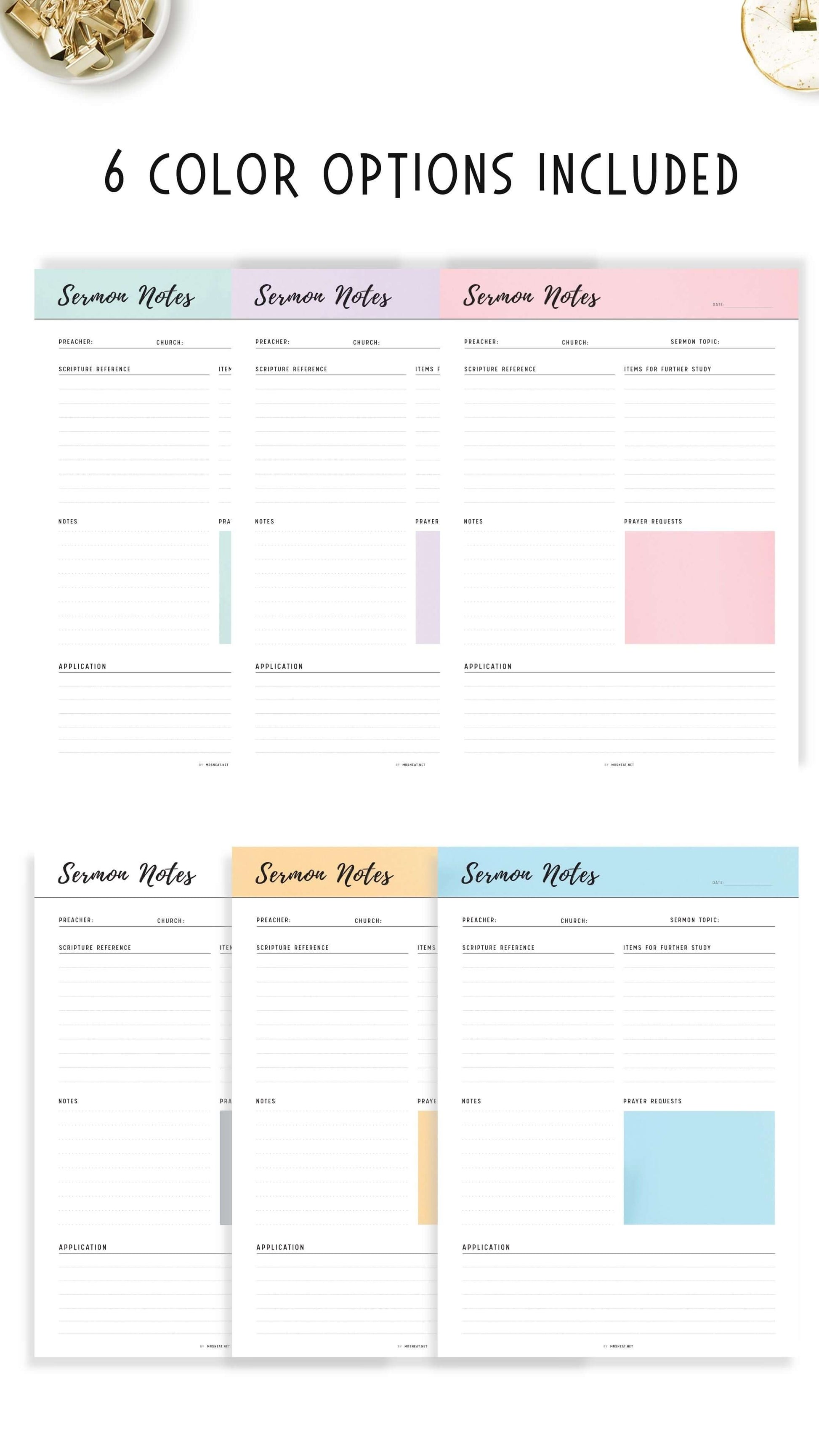 6 colors of Printable Sermon Notes PDF