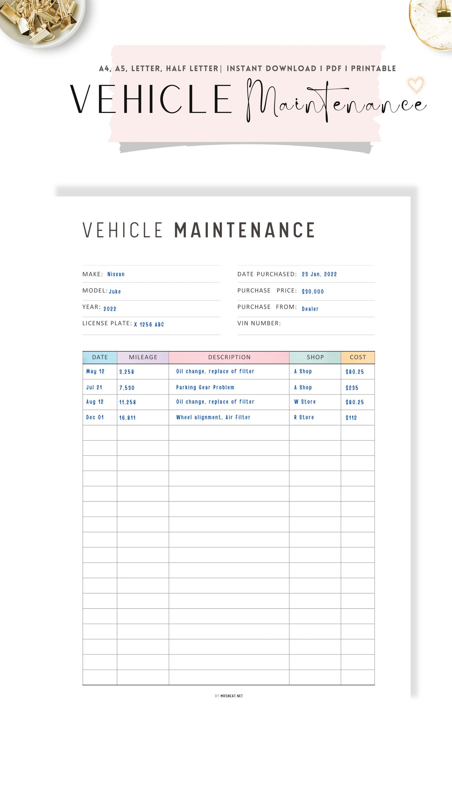 Colorful Vehicle Maintenance Template Printable