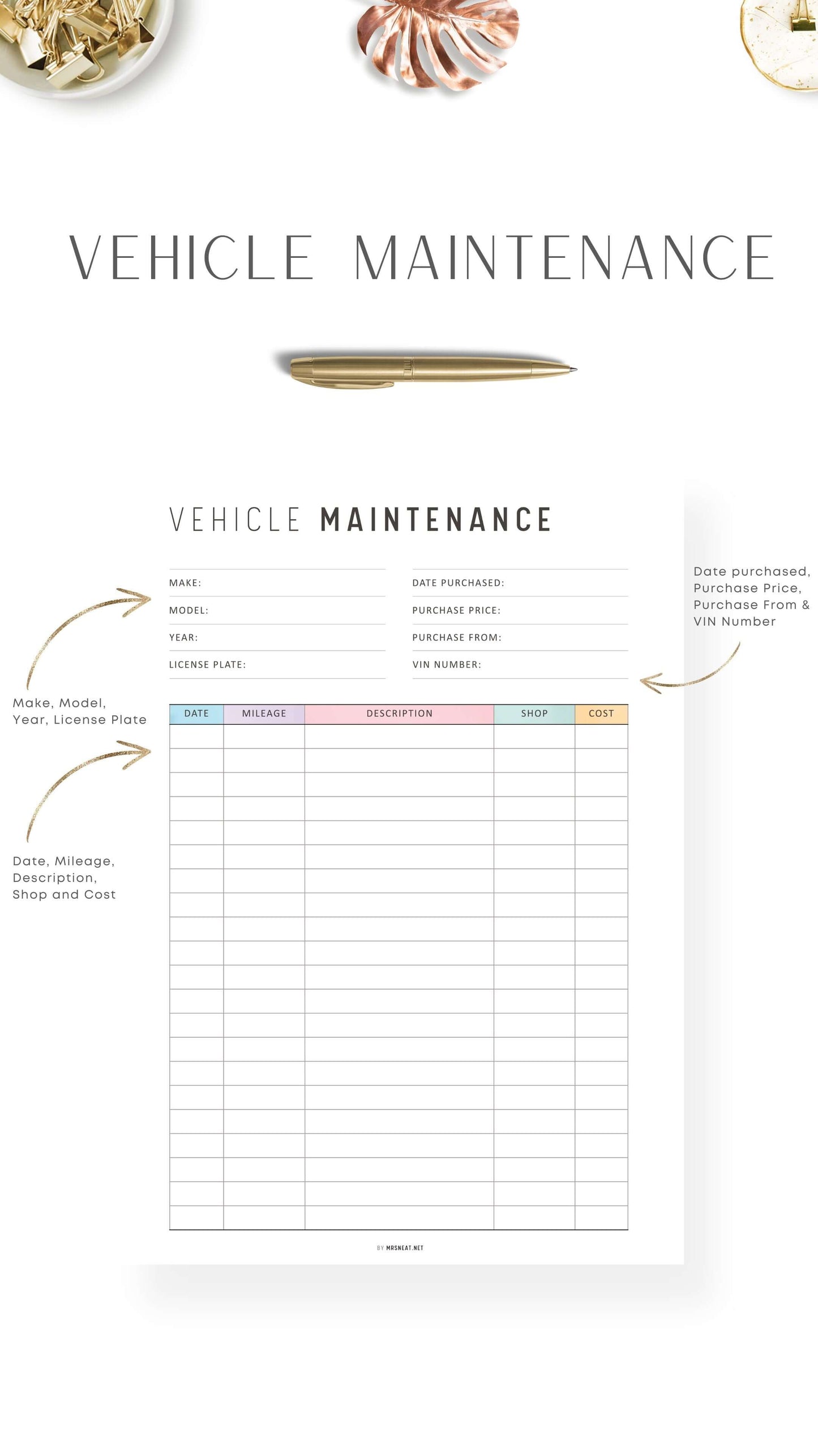 Colorful Vehicle Maintenance Template Printable