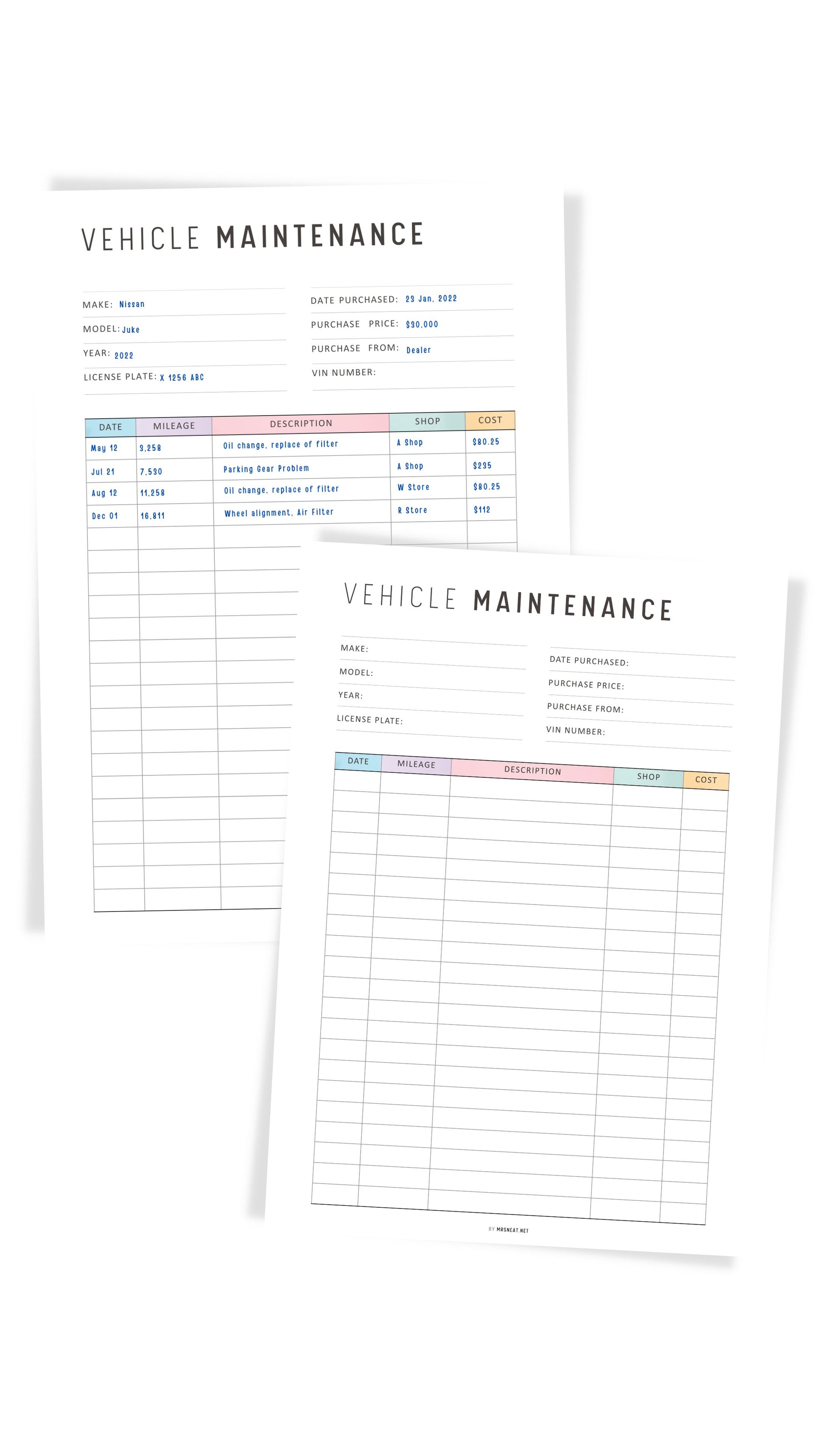 Colorful Vehicle Maintenance Template Printable