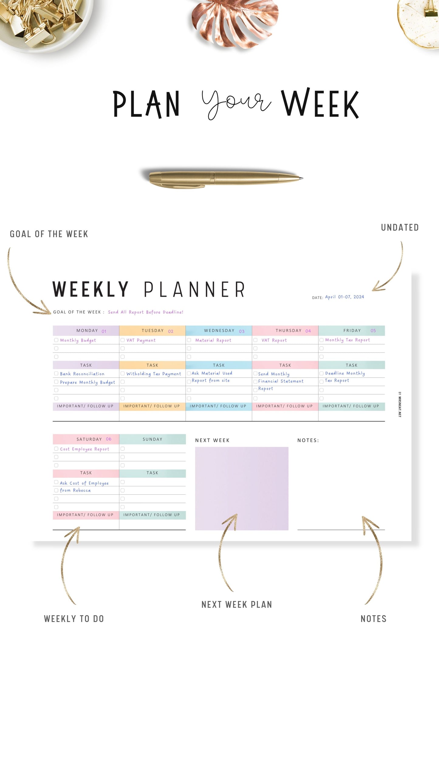 Printable Weekly Planner Landscape PDF with Sunday and Monday Start
