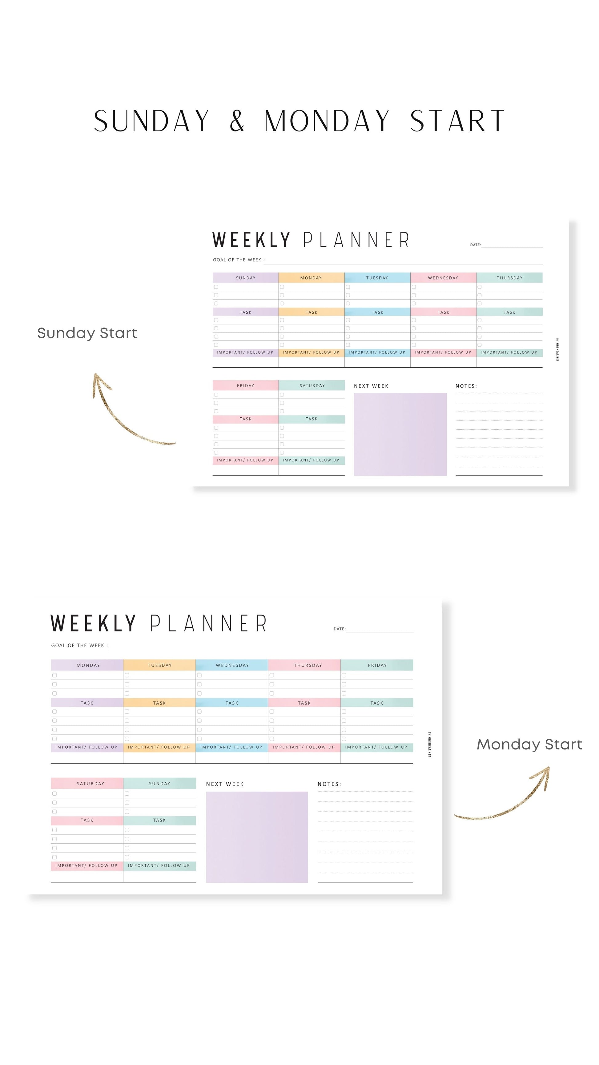 Sunday and Monday Start Weekly Planner Template