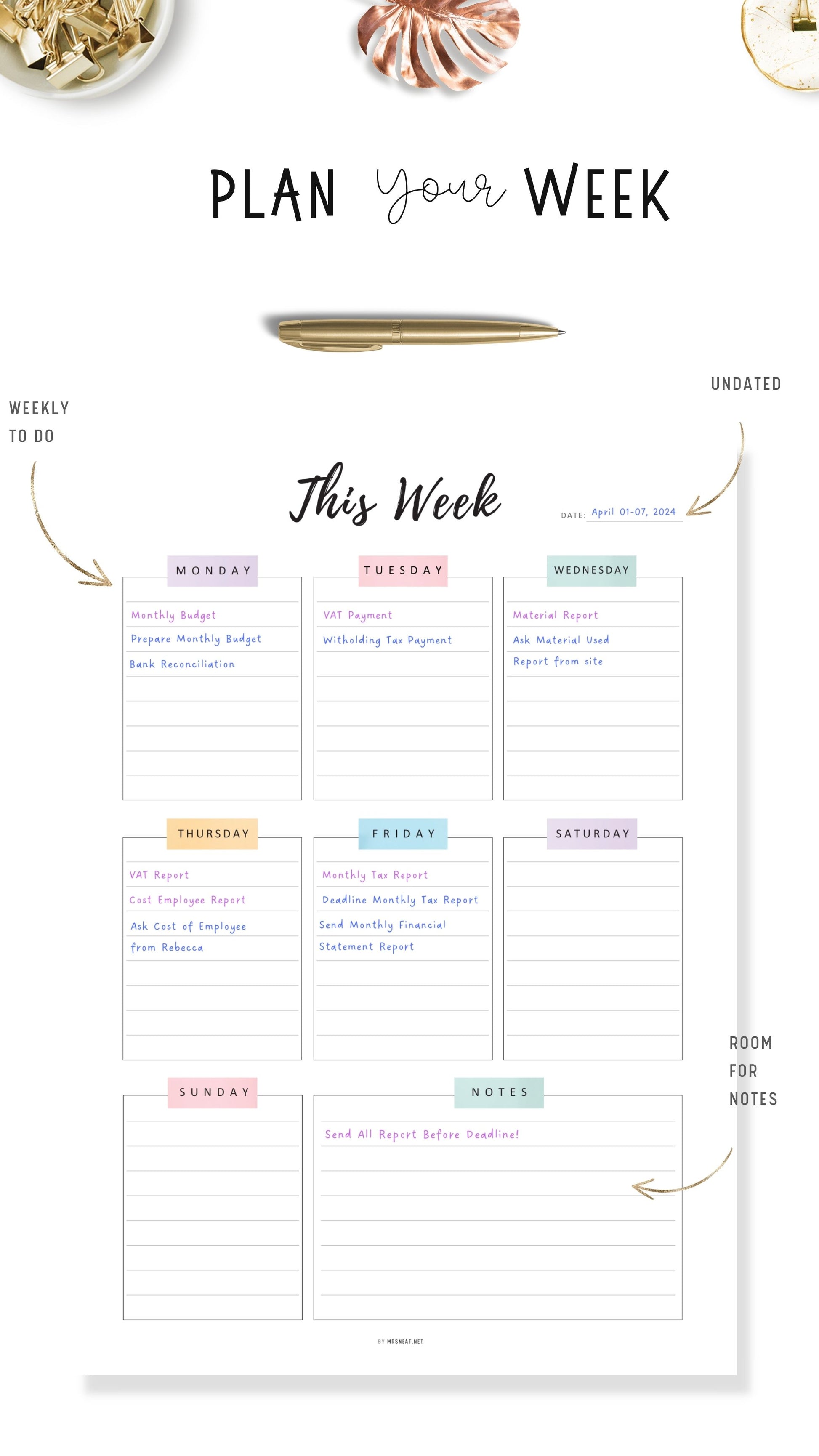 Lined Weekly Planner Template Printable