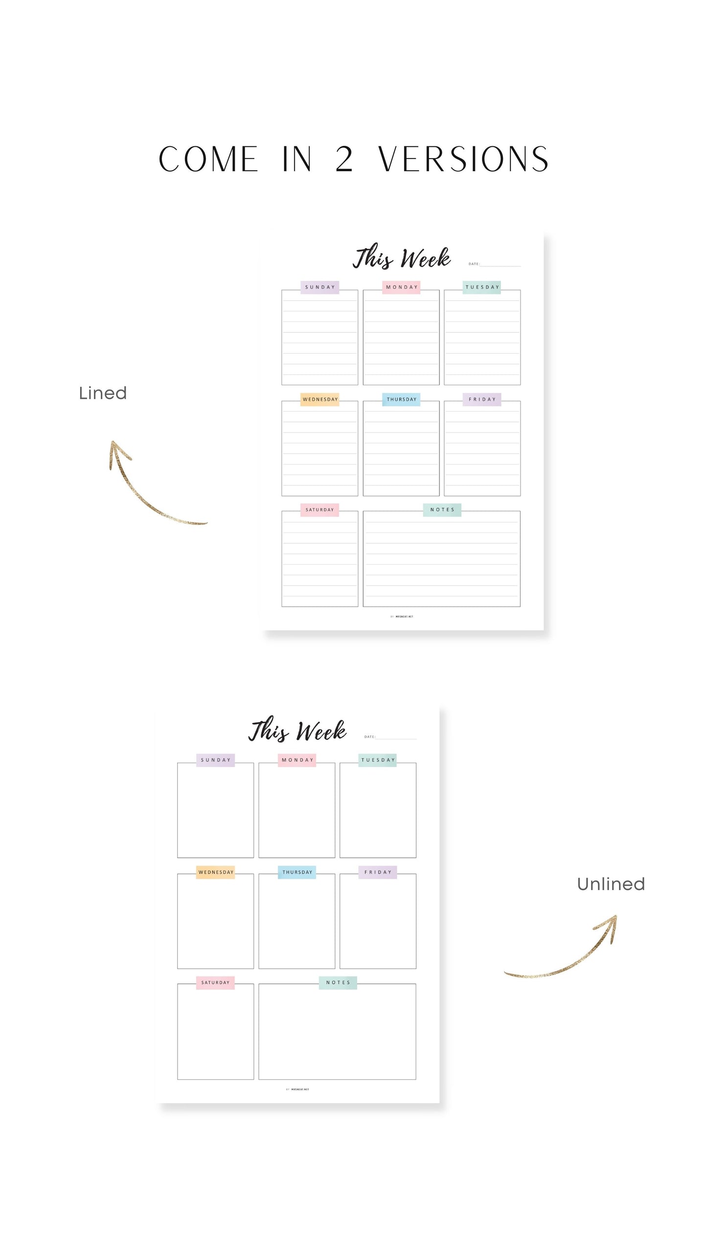 2 versions Weekly Planner Template Printable
