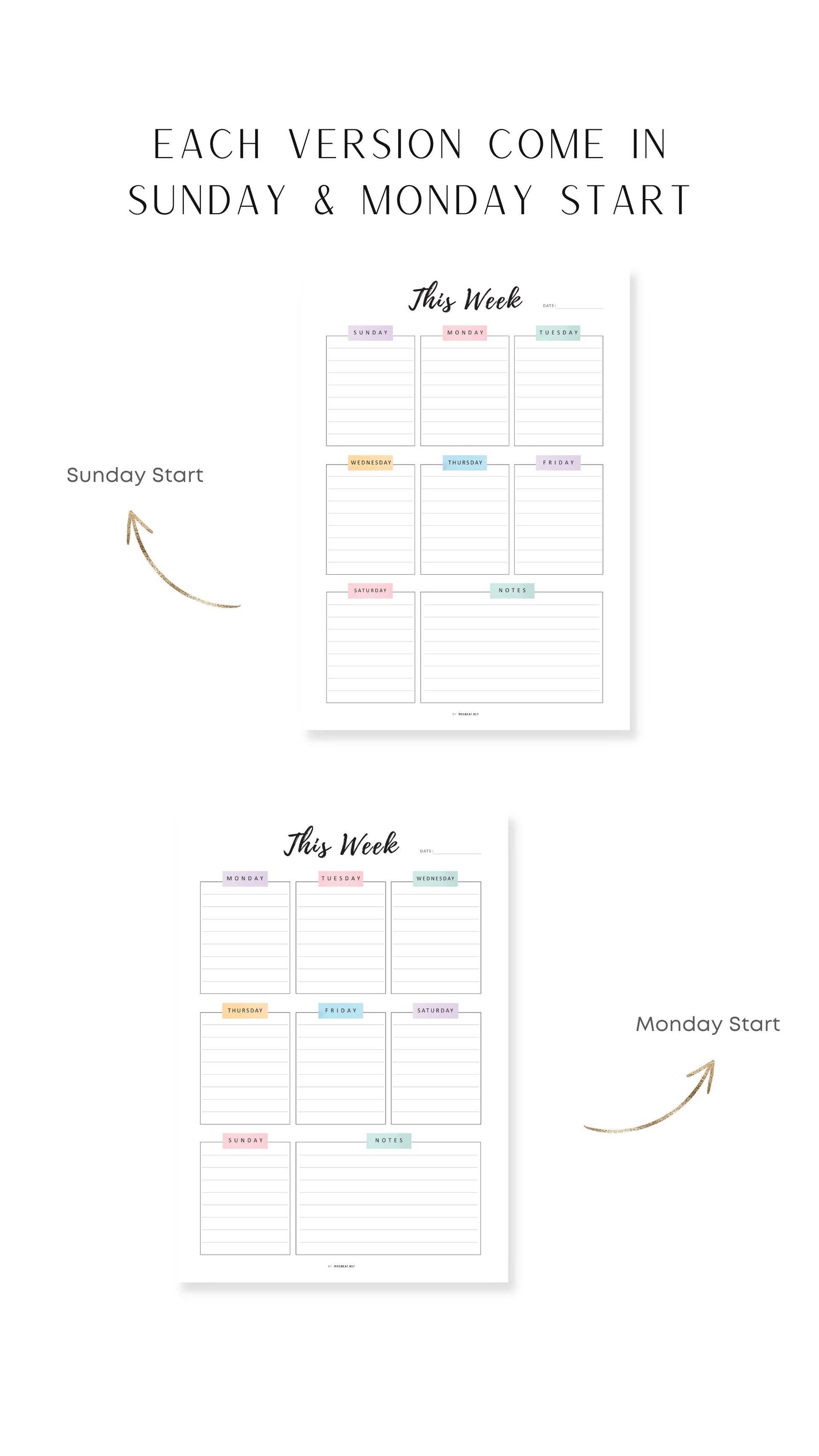 Sunday and Monday start colorful weekly planner template printable