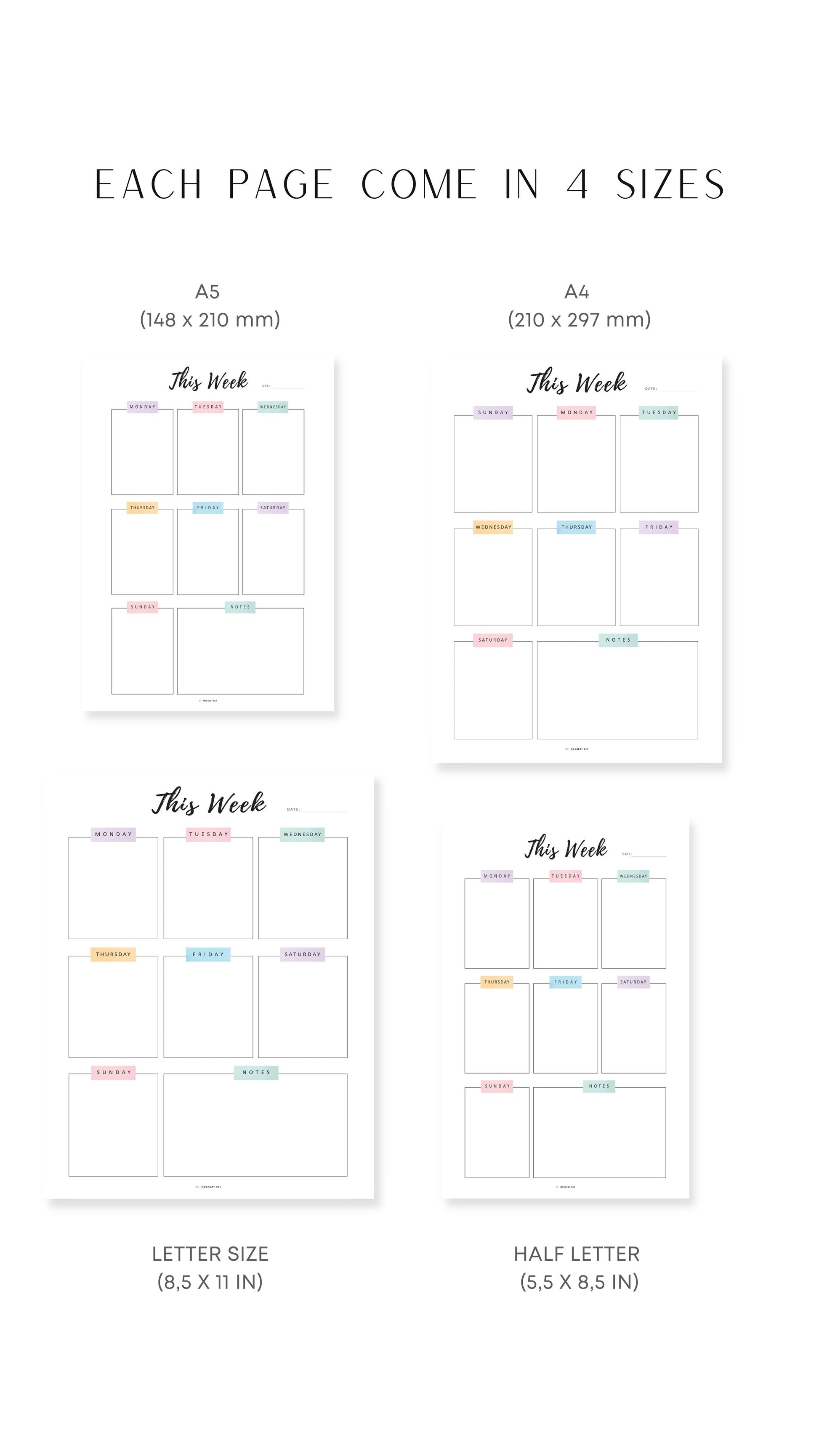 A4, A5, Letter, Half Letter Lined Weekly Planner Template Printable