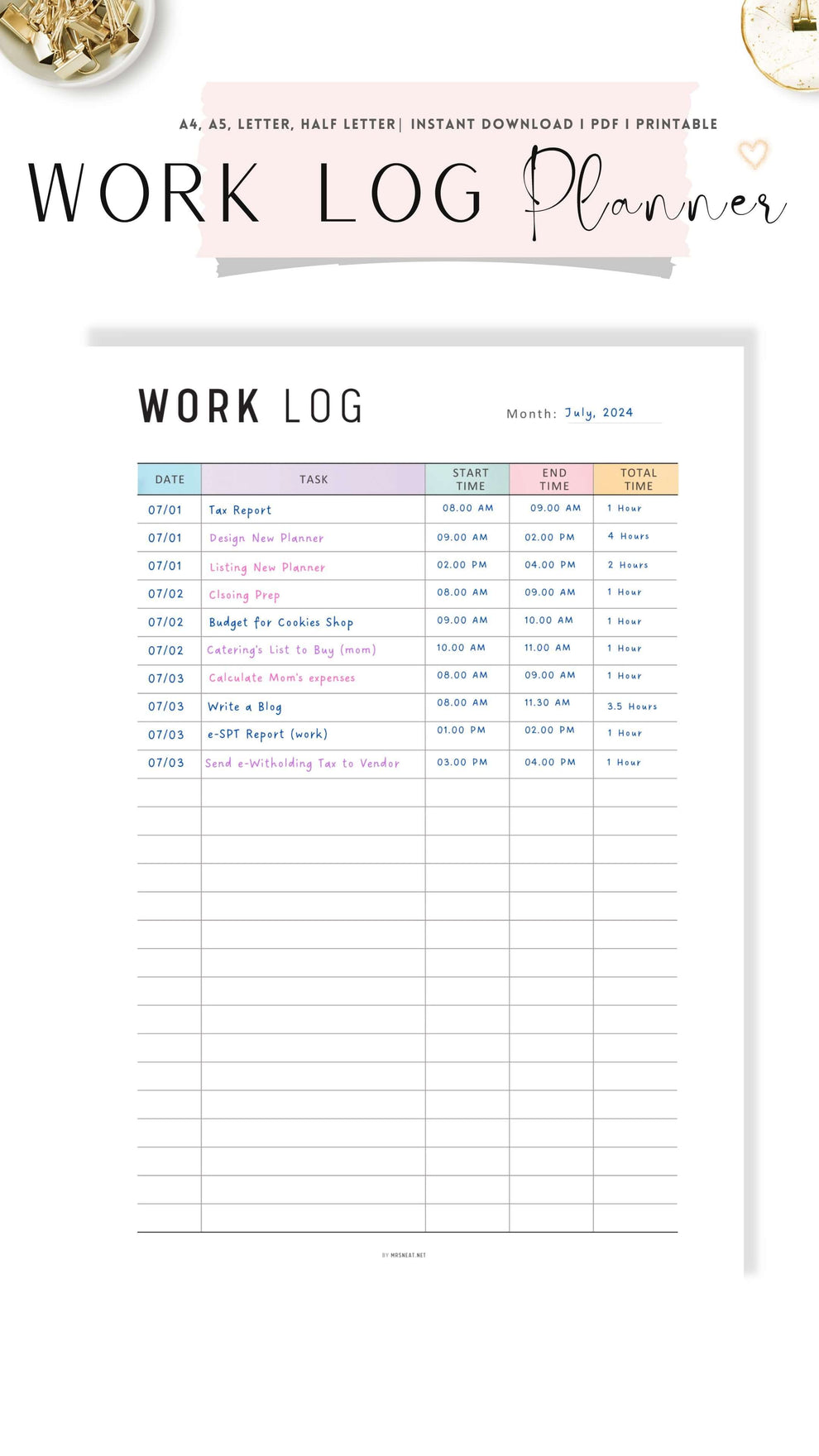 Printable Work Log Template - M327 – mrsneat