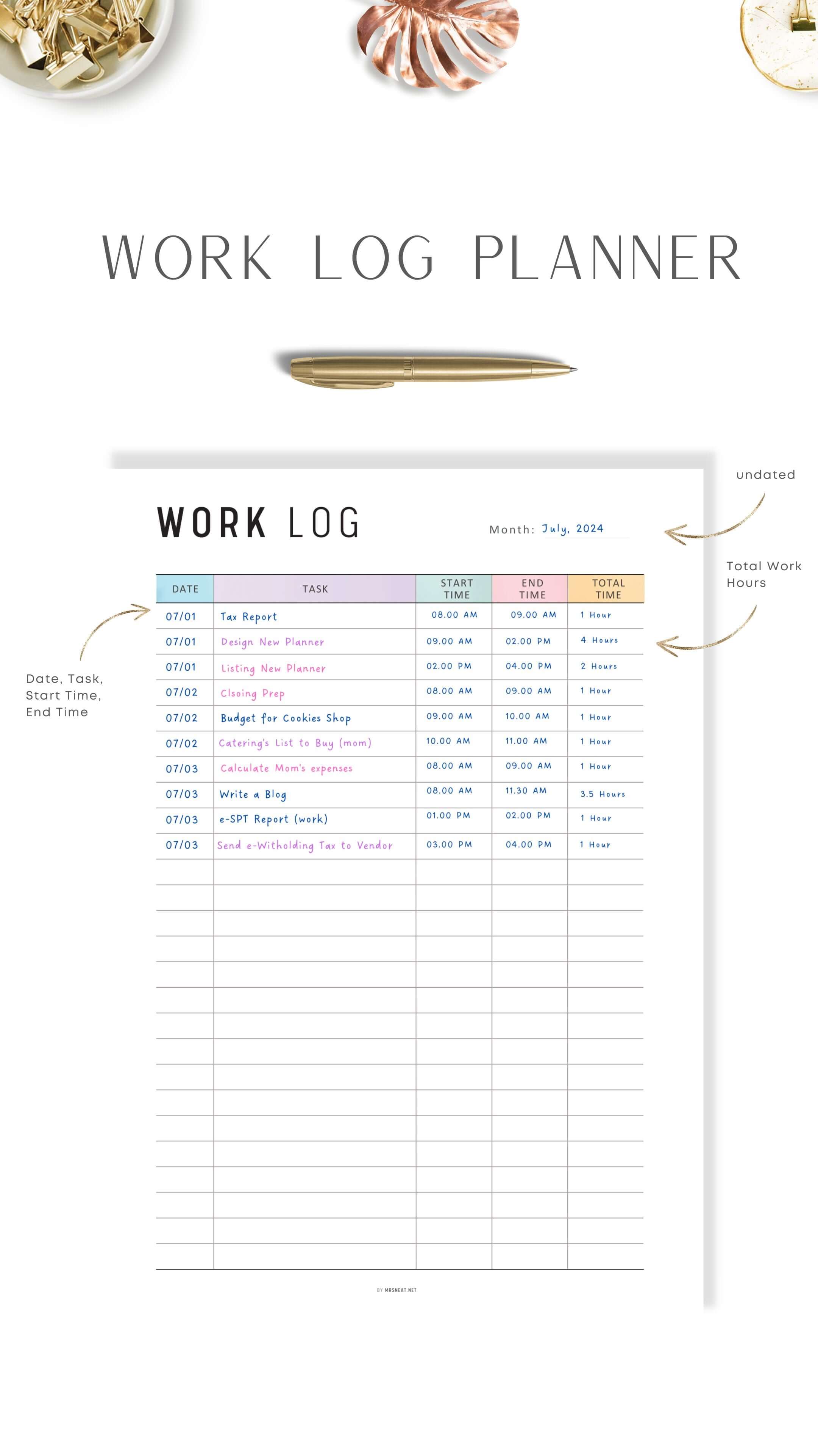 Printable Work Log Template – mrsneat