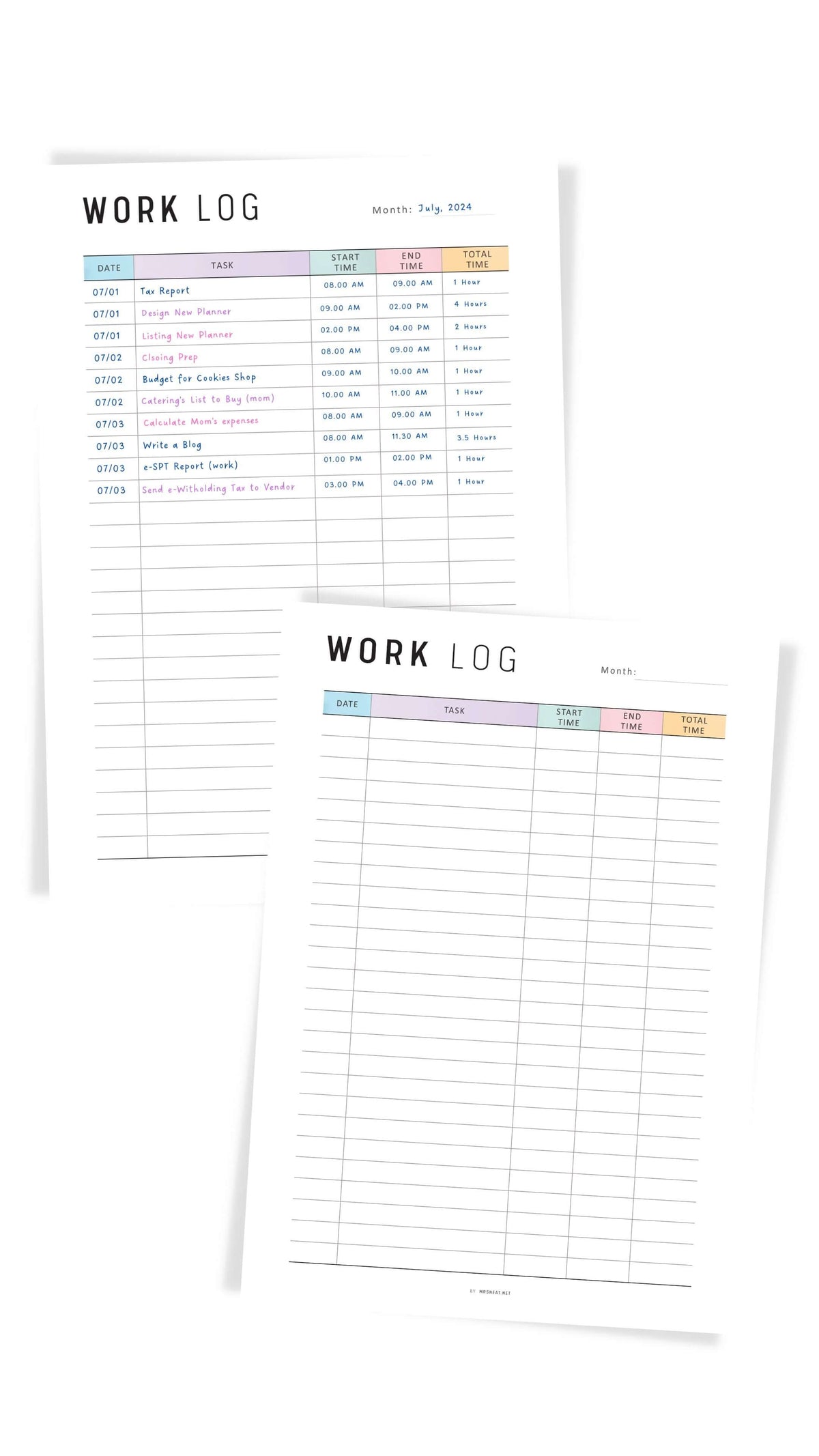 Printable Work Log Template - M327 – mrsneat