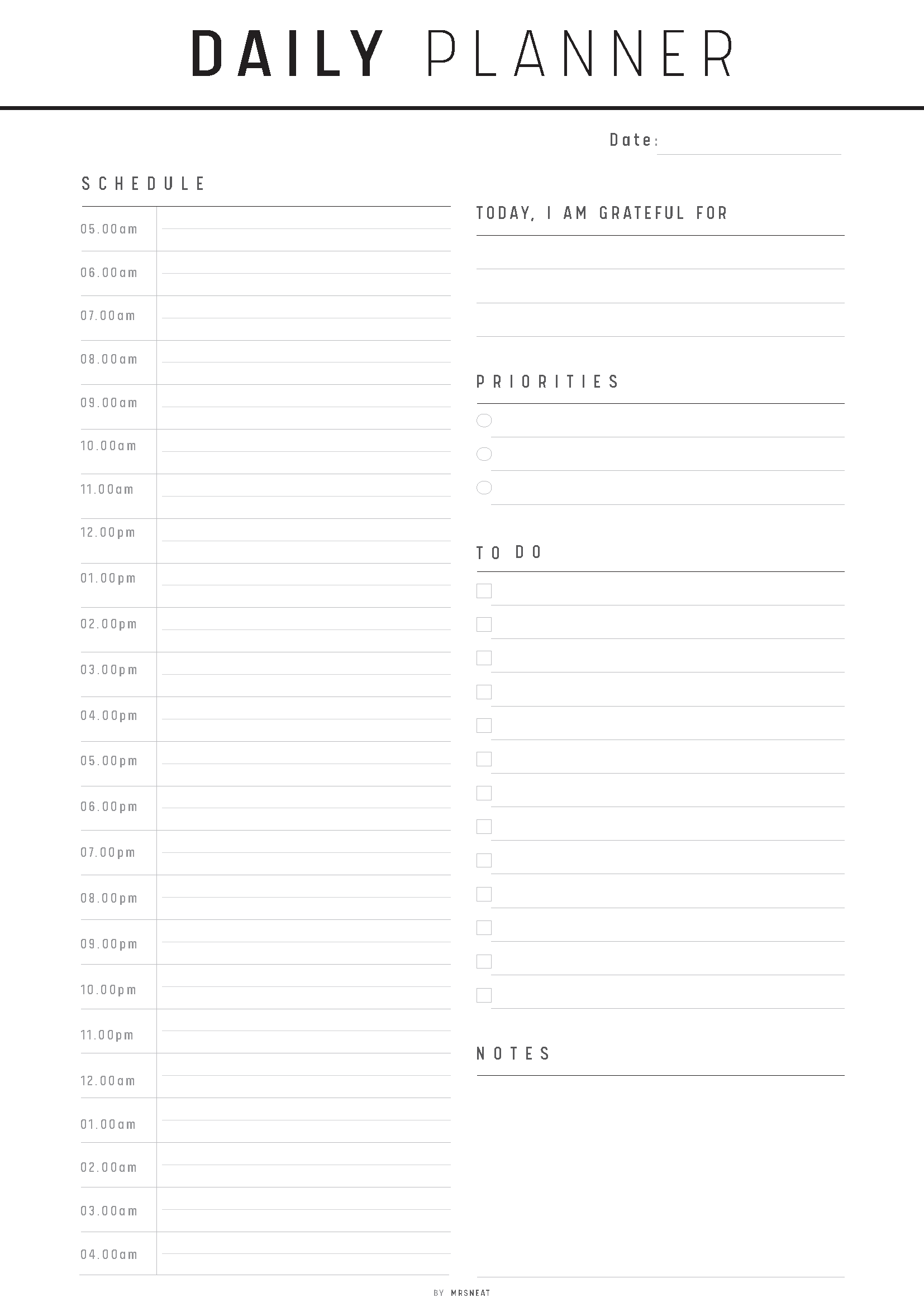 Daily planner with time slots, gratitude section, priorities, to-do list, and notes area.