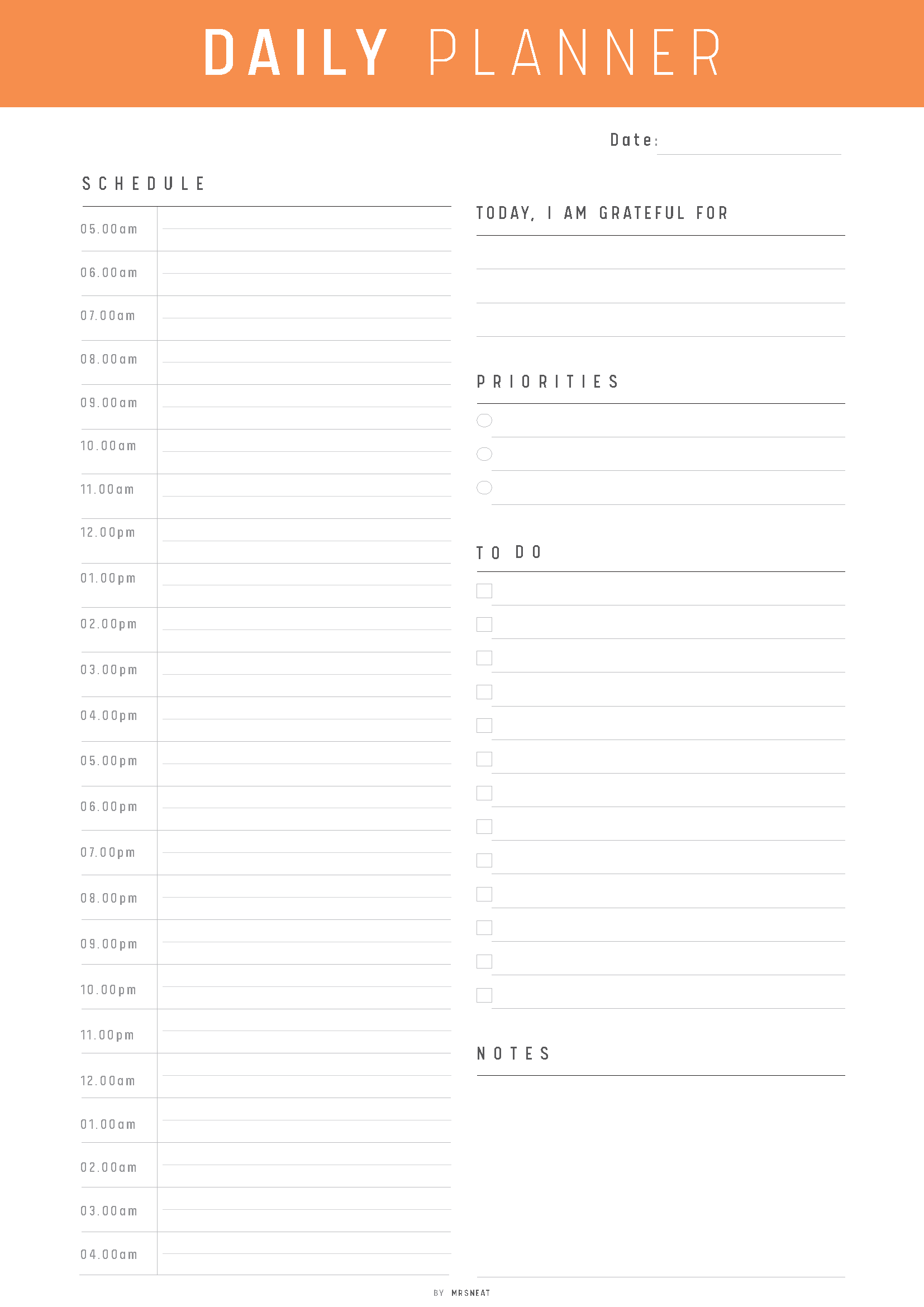 Daily planner with time slots, gratitude reflection, priorities, to-do list, and notes section.