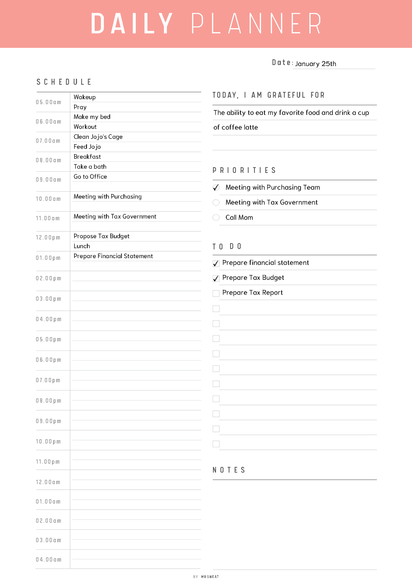Daily planner with schedule, gratitude reflection, priorities, to-do list, and notes section on a white background.