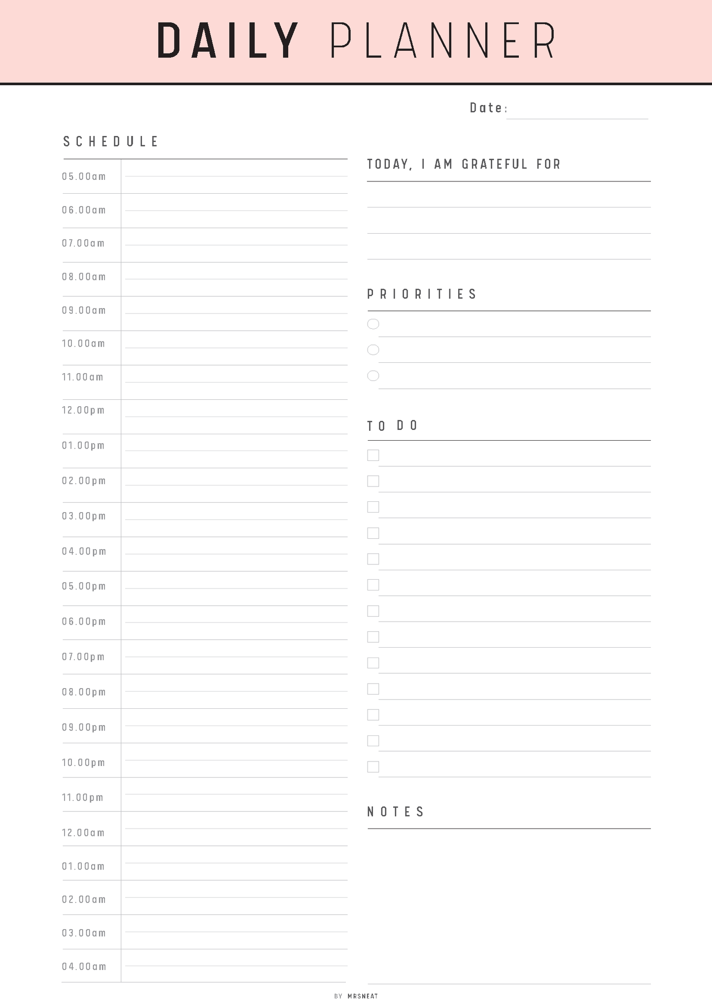 Daily planner with time slots, gratitude section, priorities, to-do list, and notes area on a white background.