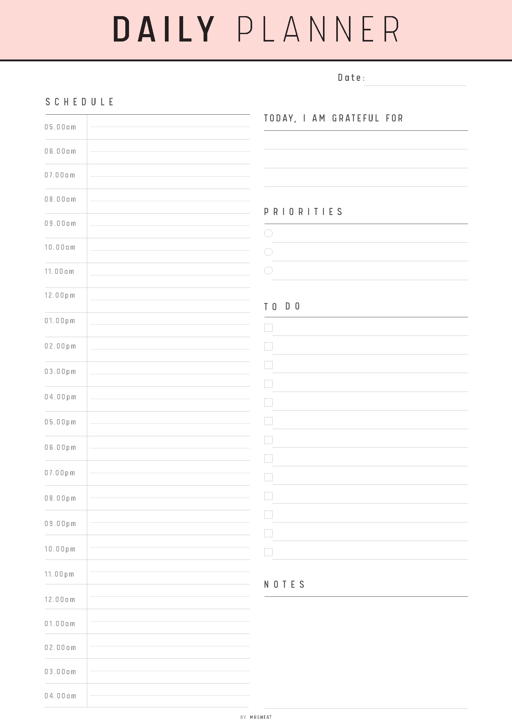 Daily planner with time slots, gratitude section, priorities, to-do list, and notes area on a white background.