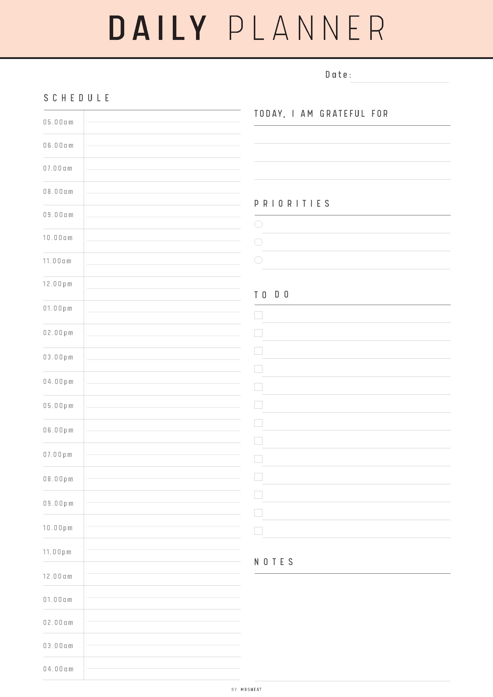 Daily planner with time slots, gratitude section, priorities, tasks, and notes.