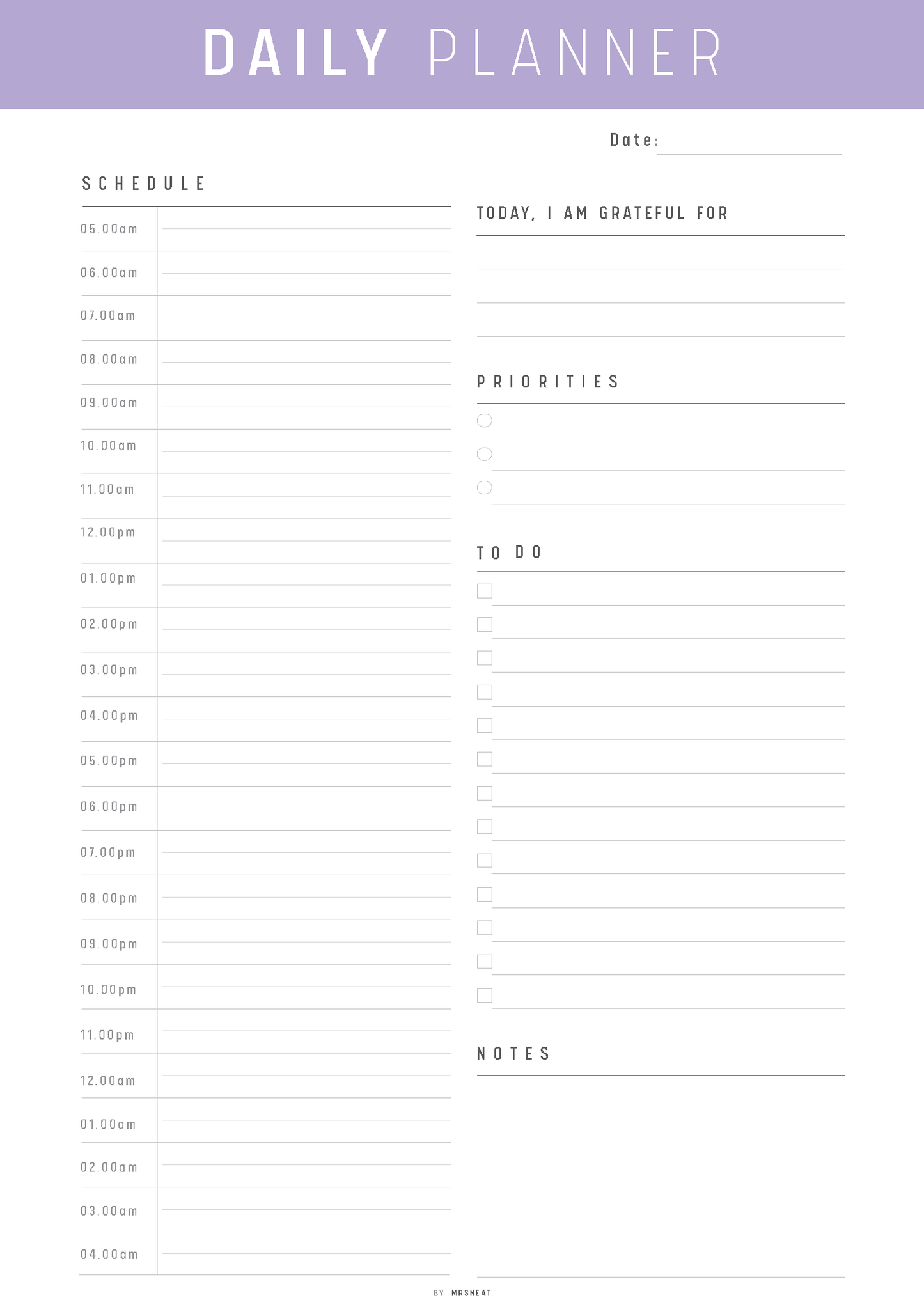 24 Hour Daily Schedule Template Printable